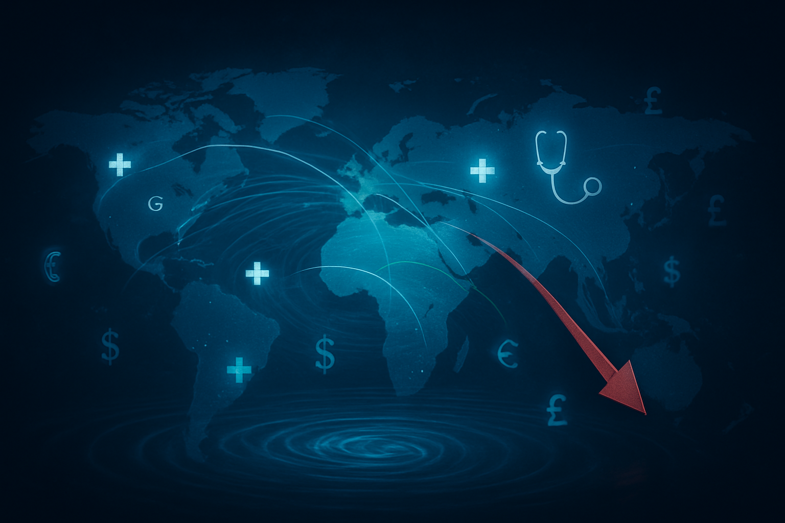 Create a realistic image of a global network visualization showing interconnected healthcare systems with flowing economic indicators, featuring a world map with glowing connection lines between continents, scattered medical symbols like stethoscopes and hospital crosses, downward trending arrow graphics representing economic decline, rippling water-like effects emanating from North America across other regions, currency symbols from different countries floating in the scene, a dark blue background with dramatic lighting highlighting the interconnected pathways, and a somber mood suggesting disruption and uncertainty in the global healthcare economy, absolutely NO text should be in the scene.