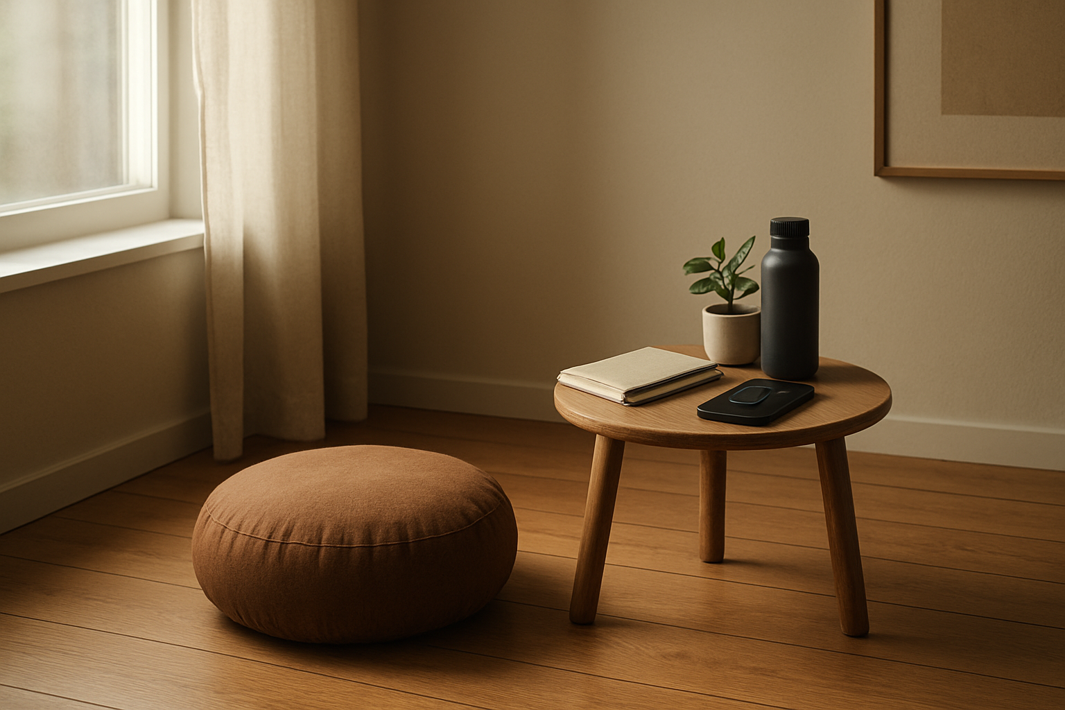 Create a realistic image of a serene meditation corner in a modern home showing a consistent daily practice setup with a meditation cushion on a wooden floor, a small side table with a journal and pen, a smartphone displaying a meditation timer, a water bottle, and a small plant, with soft natural morning light streaming through a nearby window creating a peaceful and organized atmosphere that suggests routine and sustainability, with warm earth tones and minimalist decor in the background. Absolutely NO text should be in the scene.