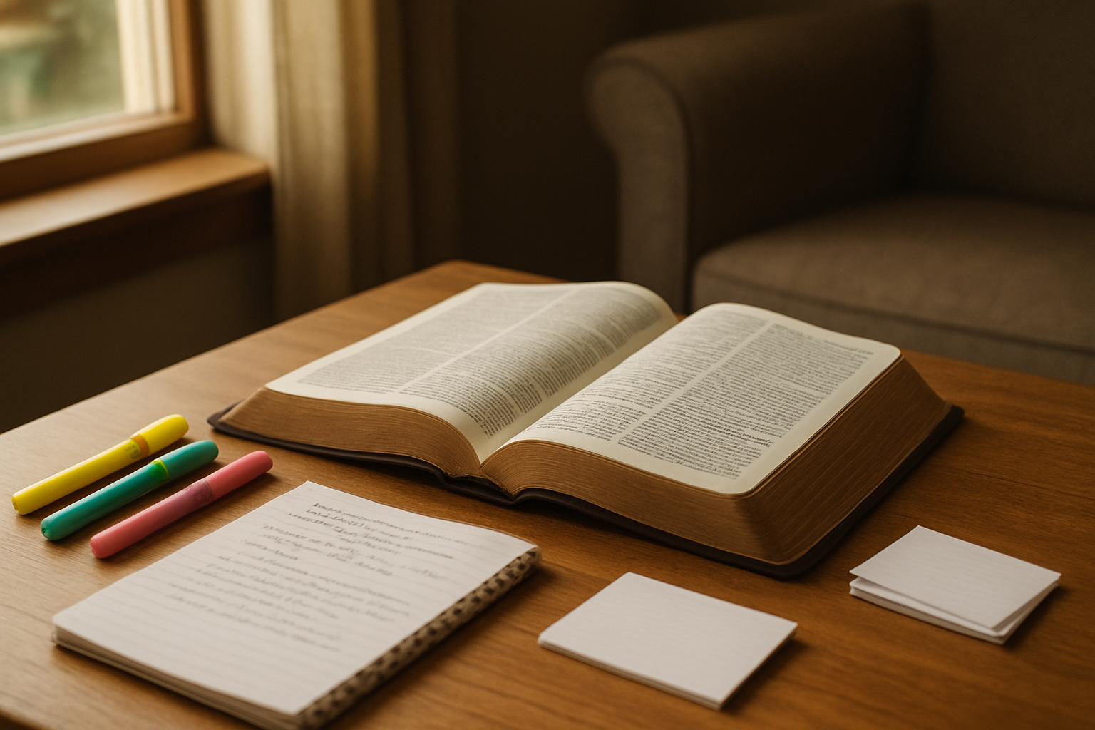 Create a realistic image of a peaceful indoor setting with an open Bible placed on a wooden table, surrounded by colorful highlighters, a notebook with handwritten notes, and small index cards for scripture memorization, soft natural lighting streaming through a nearby window creating a warm and inviting atmosphere for study, with a comfortable reading chair partially visible in the background, absolutely NO text should be in the scene.
