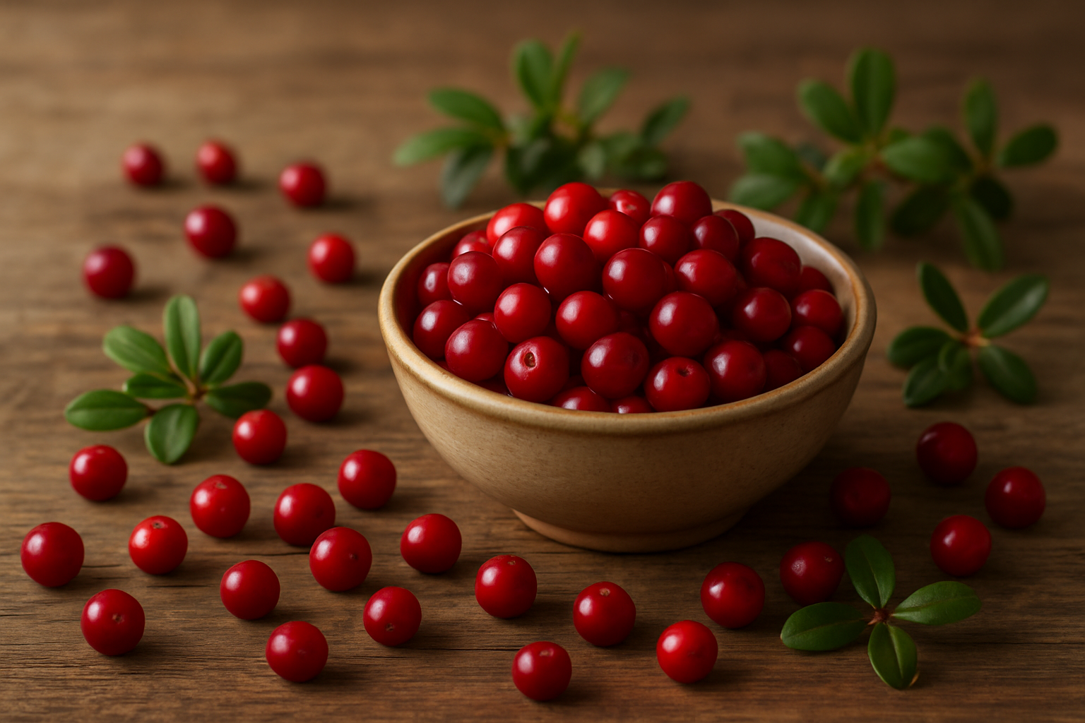 Create a realistic image of fresh red lingonberries scattered on a rustic wooden surface alongside a small ceramic bowl filled with lingonberries, with some green lingonberry leaves and a few lingonberry plant branches in the background, soft natural lighting creating gentle shadows, warm and inviting atmosphere showcasing the vibrant red color of the berries against the natural wood texture, absolutely NO text should be in the scene.