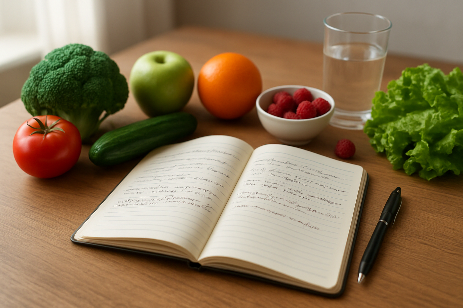 Create a realistic image of an open notebook with handwritten entries about meals and digestive symptoms, surrounded by healthy foods like fresh vegetables, fruits, and a glass of water on a clean wooden table, with a pen lying beside the journal, soft natural lighting from a nearby window creating a calm and organized wellness atmosphere, absolutely NO text should be in the scene.
