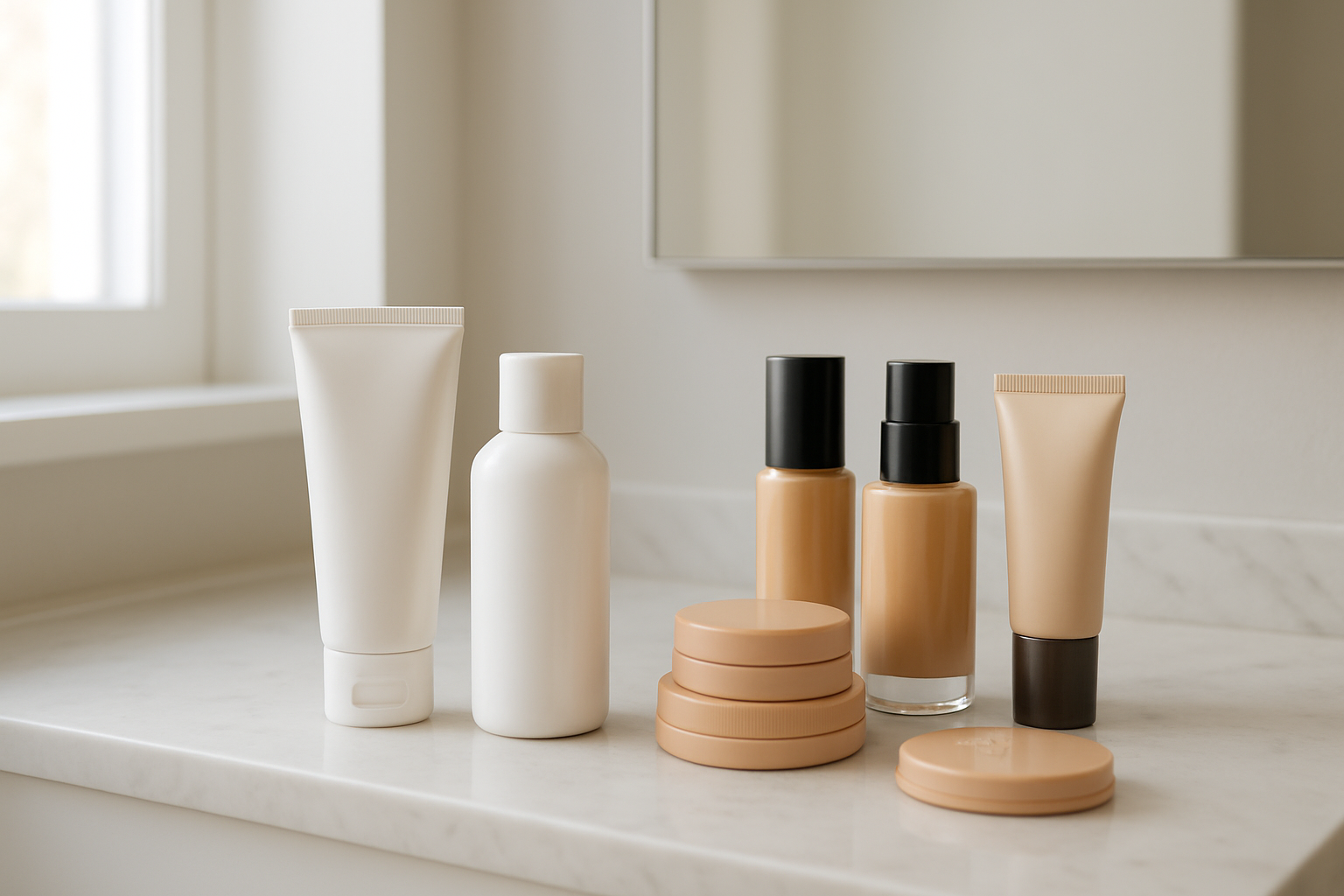 Create a realistic image of a clean, modern bathroom vanity with two distinct sections side by side - on the left, a traditional white sunscreen tube and bottle positioned next to each other, and on the right, an organized collection of makeup products including foundation bottles, BB cream tubes, and powder compacts with SPF labeling, all arranged on a marble countertop surface, soft natural lighting streaming through a nearby window creating gentle shadows, with a subtle mirror reflection in the background, conveying a sense of daily skincare routine and informed choice-making, absolutely NO text should be in the scene.