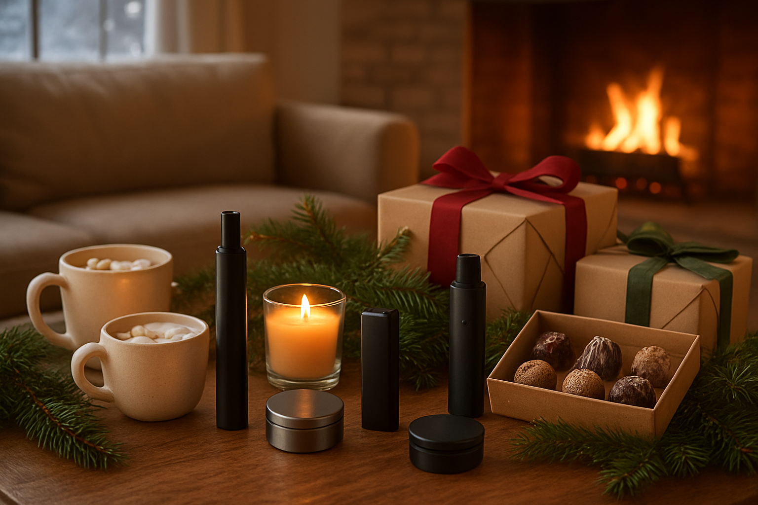 Create a realistic image of a cozy winter holiday scene featuring a beautifully decorated coffee table with elegant cannabis products like sleek vaporizers, artisanal edible gift boxes, and premium cannabis accessories arranged alongside traditional holiday elements including wrapped presents with festive ribbons, pine branches, warm glowing candles, and hot cocoa mugs, set against a softly lit living room background with a fireplace casting warm amber light, creating a peaceful and sophisticated atmosphere that represents the perfect blend of cannabis culture and holiday celebration, with snow gently visible through a window in the background, absolutely NO text should be in the scene.