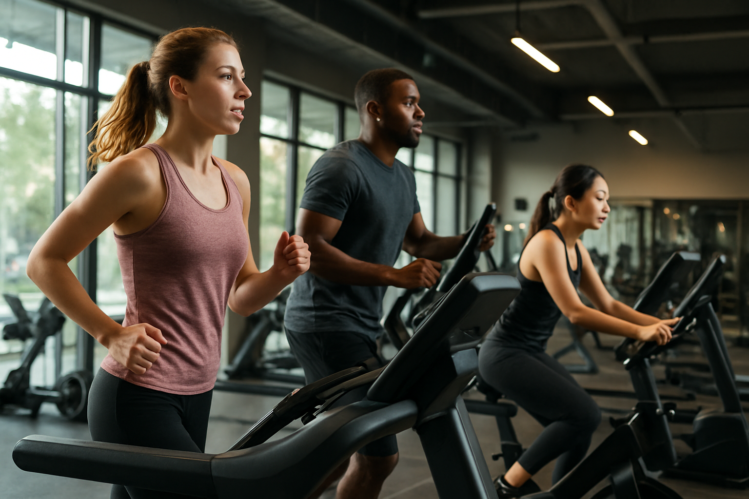 Create a realistic image of a diverse group of people engaged in various cardiovascular exercises in a modern fitness facility, showing a white female running on a treadmill, a black male using an elliptical machine, and an Asian female cycling on a stationary bike, with natural lighting streaming through large windows, clean gym equipment visible in the background, and an energetic yet focused atmosphere that conveys effective cardio training methods. Absolutely NO text should be in the scene.