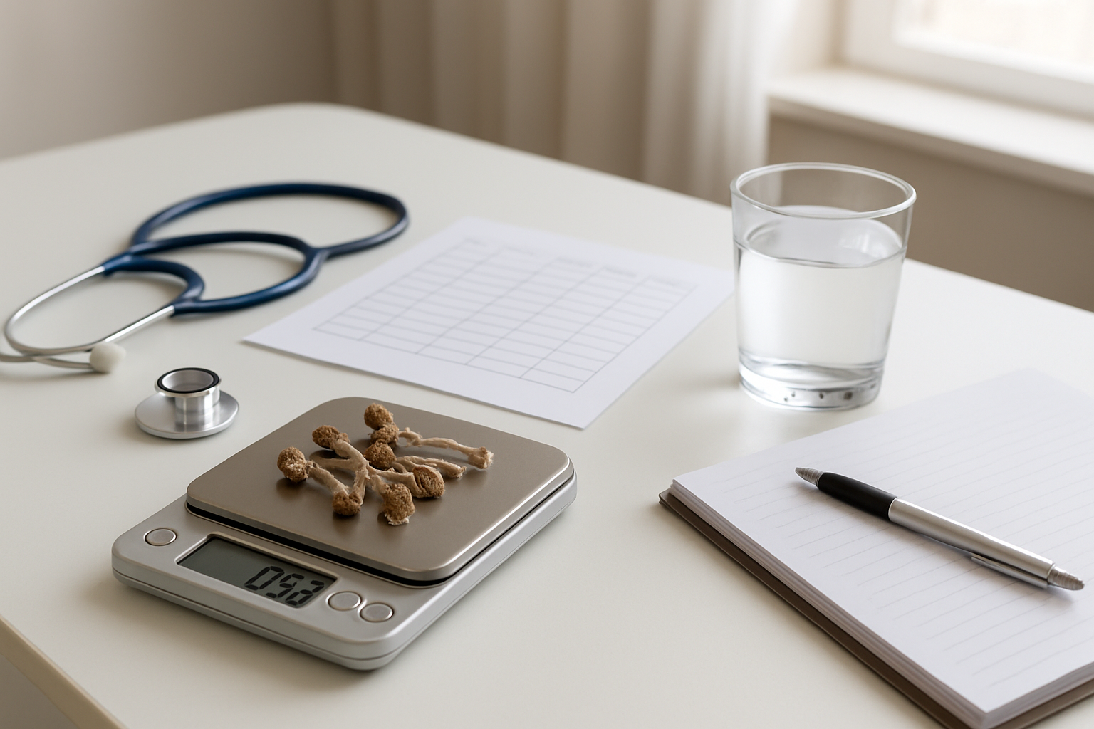 7 Best Magic Mushroom Strains For Therapy - Psychedelic Today Create A Realistic Image Of A Clean, Organized Medical Consultation Table With Precisely Measured Small Amounts Of Dried Psilocybin Mushrooms Arranged In Different Portions On A Digital Scale, Alongside A Medical Dosing Chart, A Glass Of Water, And A Notebook With A Pen, Set In A Bright, Clinical Environment With Soft Natural Lighting From A Window, Conveying A Sense Of Careful Medical Preparation And Safety Protocols, Absolutely No Text Should Be In The Scene.