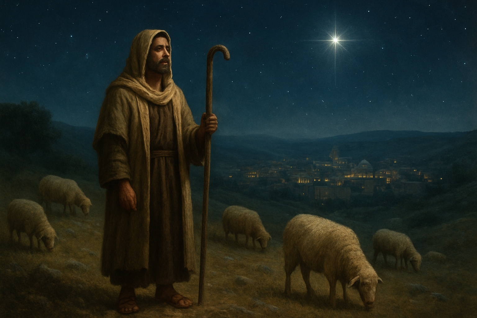 Create a realistic image of an ancient Middle Eastern shepherd, male with olive skin, standing on a hillside overlooking Bethlehem at night, holding a wooden staff, wearing traditional robes and sandals, with sheep grazing peacefully around him, under a starlit sky with one particularly bright star shining above, creating a mystical and reverent atmosphere that conveys prophecy and divine significance, with rolling hills and ancient stone buildings in the distant background, soft moonlight illuminating the pastoral scene, absolutely NO text should be in the scene.
