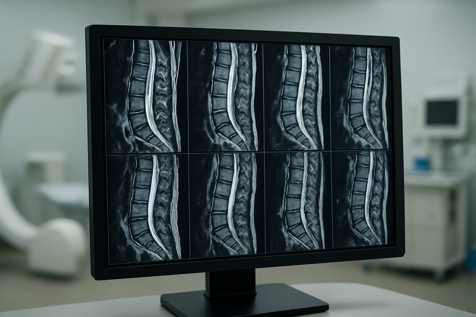 Create a realistic image of a modern medical diagnostic display showing multiple MRI scan images of the dorsal spine region arranged on a dark computer monitor, with visible vertebrae, spinal cord, and surrounding tissues highlighted by contrast enhancement, set in a clean radiology department environment with soft clinical lighting, medical equipment visible in the blurred background, focusing on the detailed anatomical structures that help diagnose spinal conditions, absolutely NO text should be in the scene.