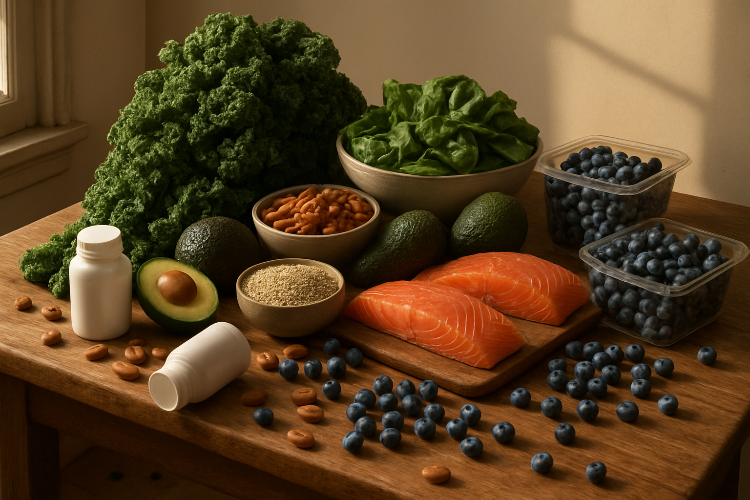 Create a realistic image of a wooden kitchen table overflowing with an excessive abundance of healthy foods including towering piles of fresh kale, spinach, almonds, avocados, quinoa in bowls, salmon fillets, blueberries spilling from containers, and vitamin supplement bottles, with some items scattered on the floor around the table, shot in warm natural lighting streaming through a window, creating shadows that emphasize the overwhelming quantity, with a slightly chaotic and cluttered composition that suggests excess rather than balance, absolutely NO text should be in the scene.