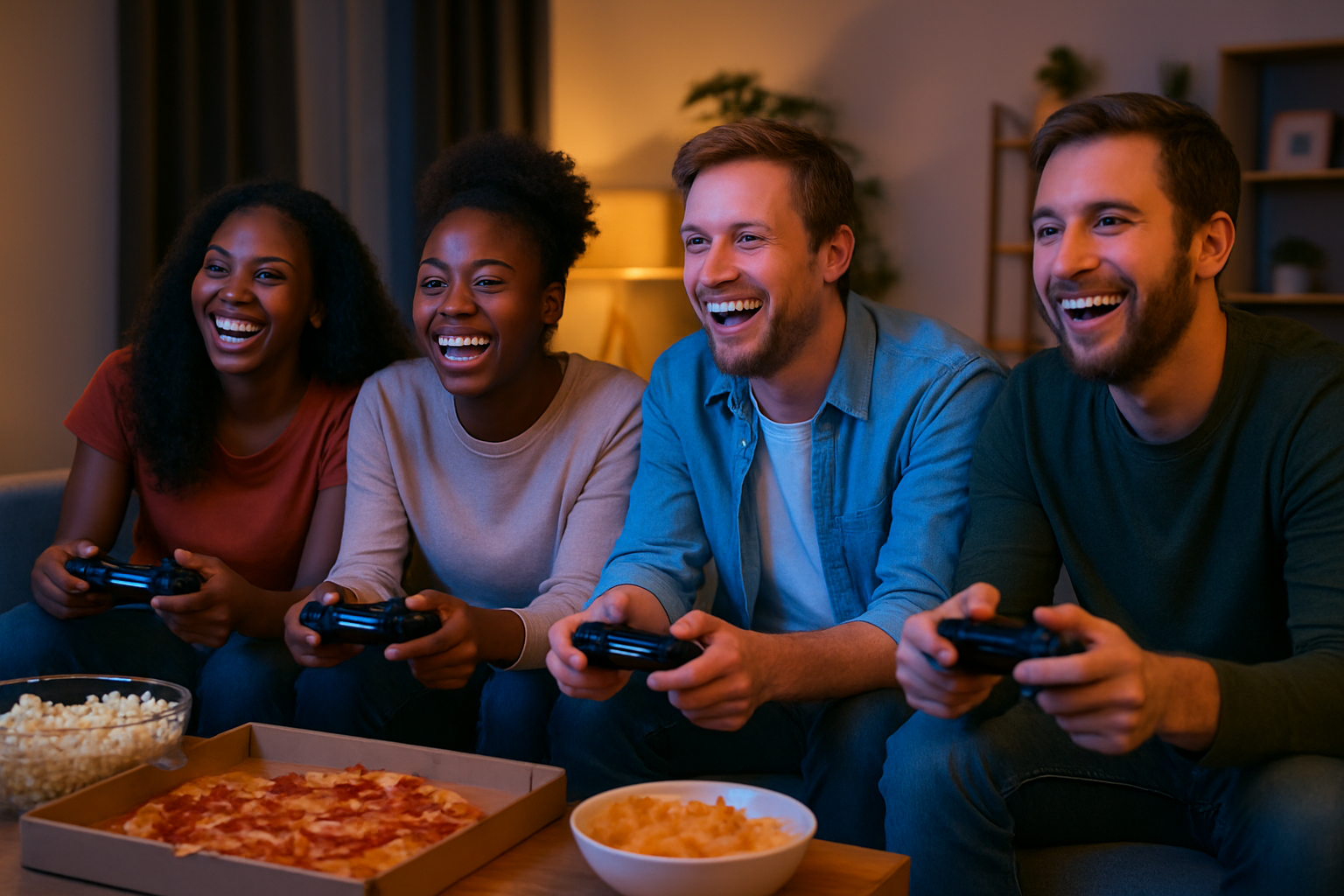 Create a realistic image of a diverse group of four friends sitting on a comfortable couch in a modern living room, with two white males and two black females, all holding wireless gaming controllers and laughing together while looking at a large TV screen, with colorful ambient lighting from the screen casting a warm glow on their faces, pizza boxes and snacks scattered on a coffee table nearby, creating a fun and social gaming atmosphere that suggests high-quality entertainment without expensive games, absolutely NO text should be in the scene.