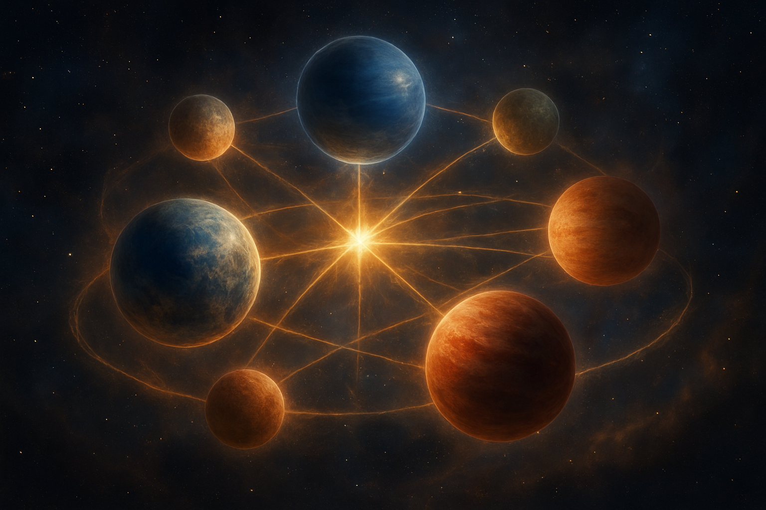 9 கிரகங்களும் கேதுவும்: அதிர்ச்சி பலன்கள் Create a realistic image of multiple planets of different sizes and colors arranged in a cosmic formation showing their gravitational interactions, with visible energy lines or light beams connecting the celestial bodies to represent planetary conjunctions, set against a deep space background filled with distant stars and nebulae, dramatic cosmic lighting with glowing auras around each planet, mystical and powerful atmosphere suggesting astrological influences, absolutely NO text should be in the scene.