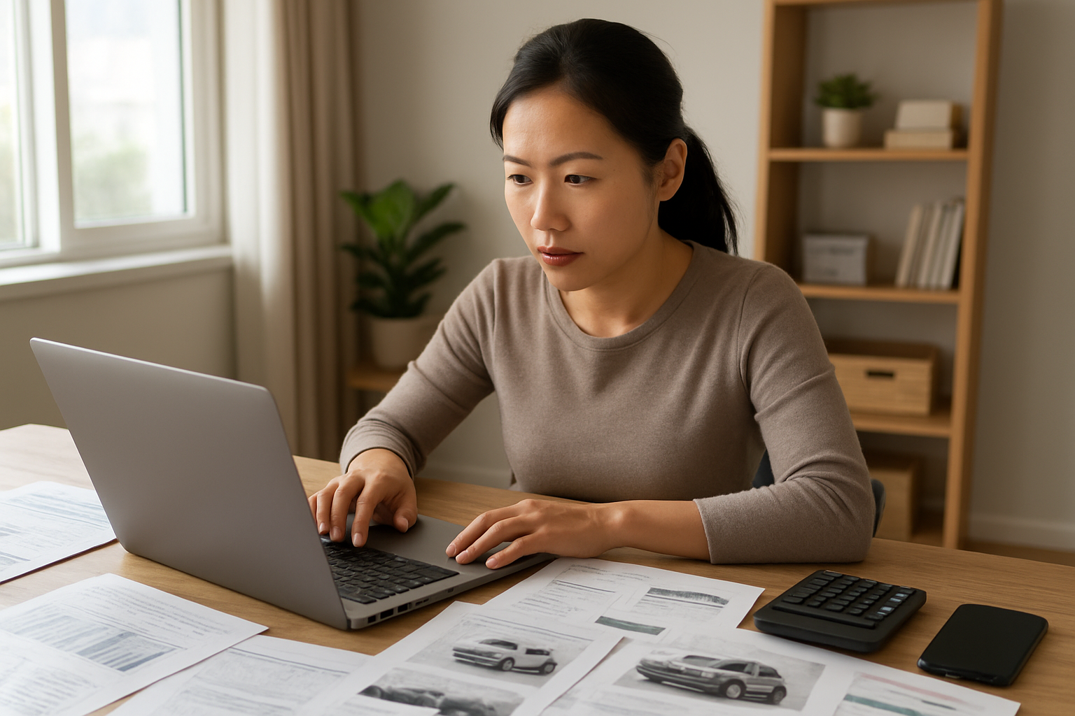 Create a realistic image of a focused Asian female in her 30s sitting at a modern desk with a laptop computer, surrounded by financial documents and car brochures spread across the surface, with a calculator and smartphone nearby, in a well-lit home office with natural lighting from a window, conveying a mood of careful research and comparison shopping, with the woman actively comparing different loan options on her computer screen, absolutely NO text should be in the scene.