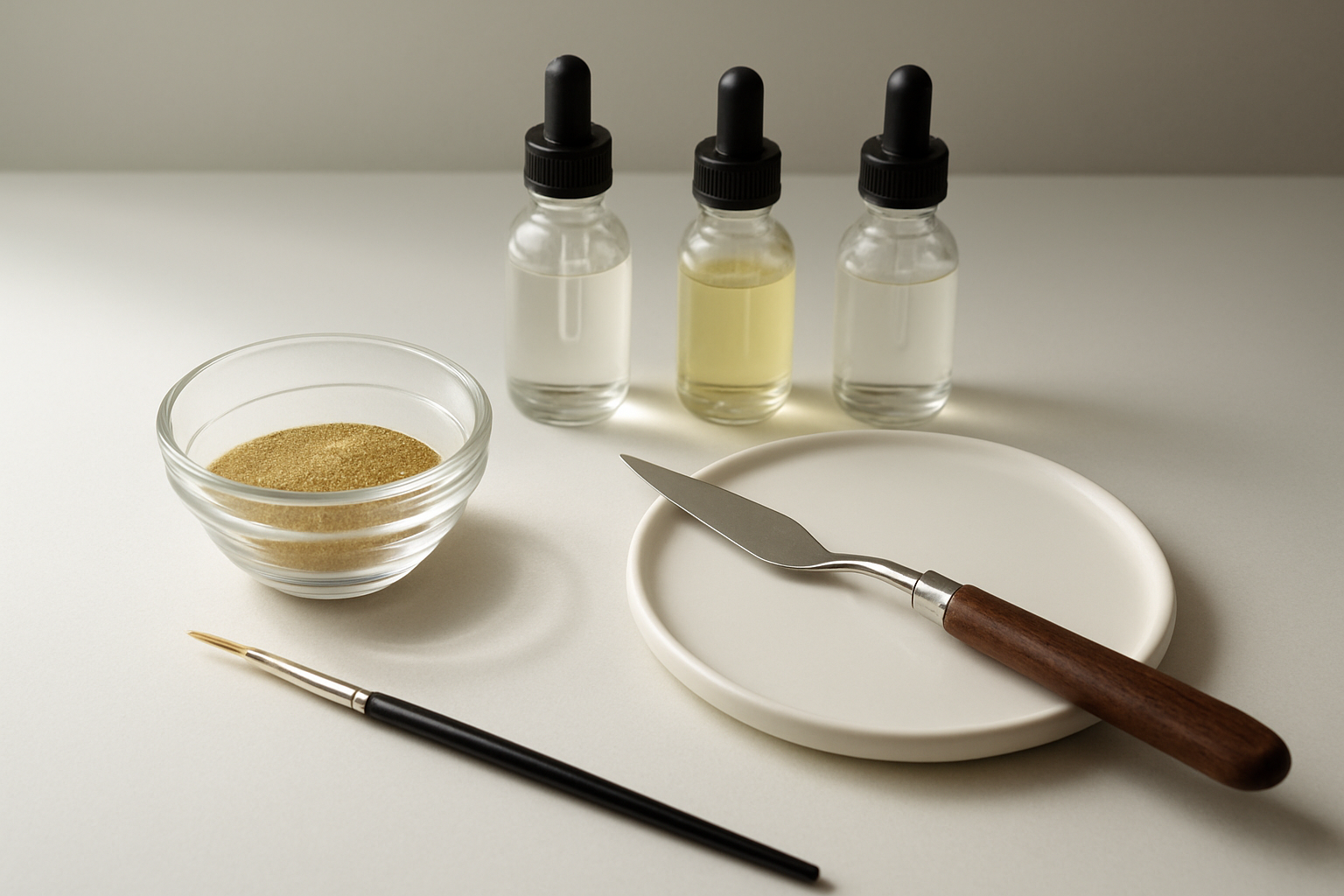 Create a realistic image of a clean white work surface with small glass bowls containing gold dust powder, various liquid binders in dropper bottles, a fine brush for mixing, and a palette knife, with soft natural lighting from above creating gentle shadows, showing the materials needed for mixing gold dust with different binding agents for artistic applications, with a neutral laboratory-like background, absolutely NO text should be in the scene.