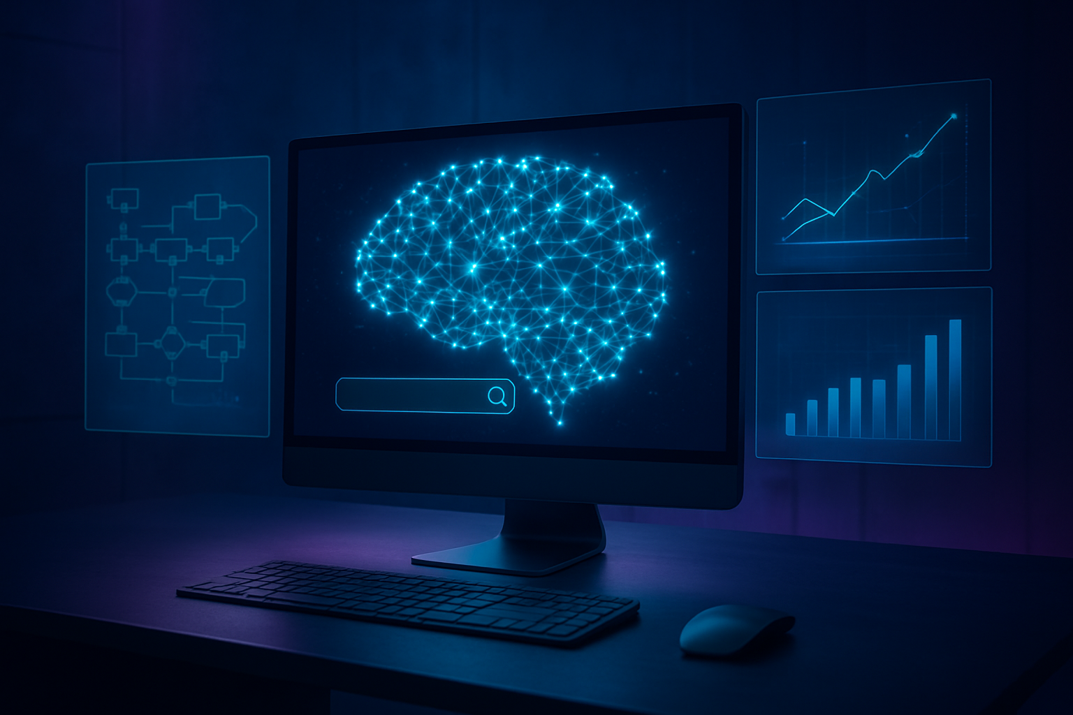 Create a realistic image of a futuristic digital workspace showing an advanced AI search interface with glowing neural network patterns, holographic data visualizations floating above a sleek computer setup, search algorithm flowcharts displayed on transparent screens, rising graph indicators showing visibility metrics, all set against a modern dark tech environment with blue and purple ambient lighting, absolutely NO text should be in the scene.