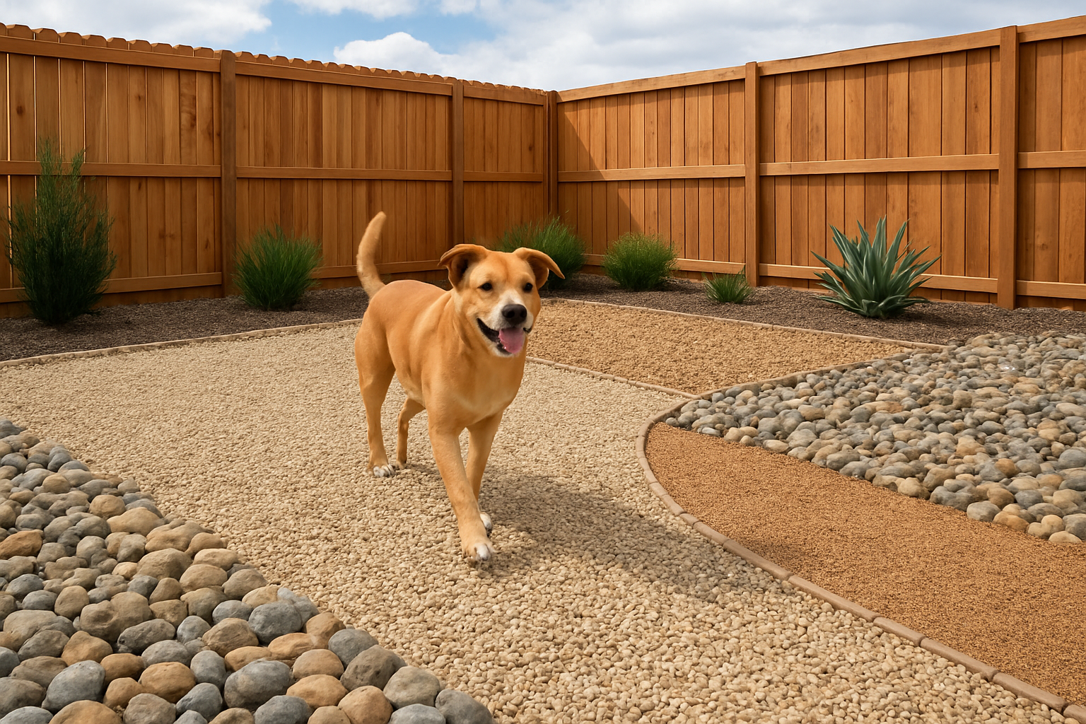 Create a realistic image of a well-maintained dog yard with various gravel and stone surfaces, featuring different types of stone materials including pea gravel, decomposed granite, and larger decorative stones arranged in sections, with a happy medium-sized dog walking across the gravel surface, surrounded by wooden fence panels, some drought-resistant plants along the borders, natural outdoor lighting during daytime with partly cloudy sky, emphasizing the durability and practical design of the stone ground covering, absolutely NO text should be in the scene.