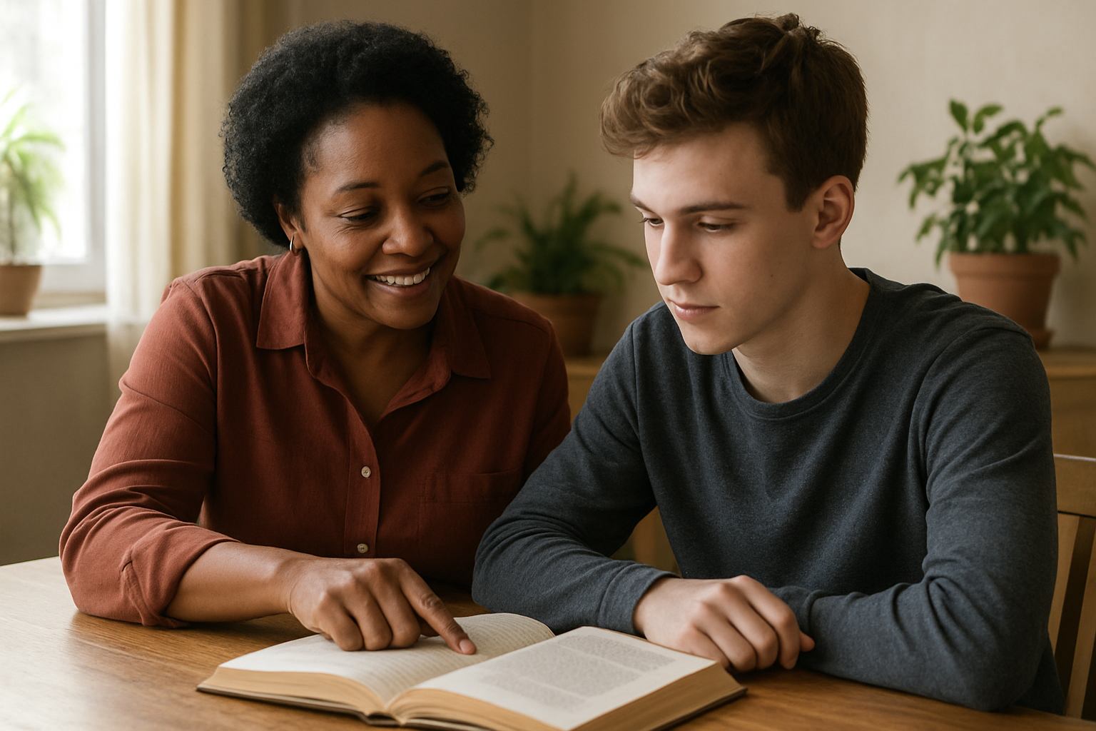 Create a realistic image of a middle-aged black female mentor sitting beside a young white male student at a wooden table, both looking at an open book together, the woman pointing to something on the page with a gentle encouraging smile while the young man listens attentively, surrounded by a warm indoor setting with soft natural lighting coming through a nearby window, potted plants visible in the background creating a nurturing atmosphere, the scene capturing the essence of guidance and potential development through patient teaching, absolutely NO text should be in the scene.