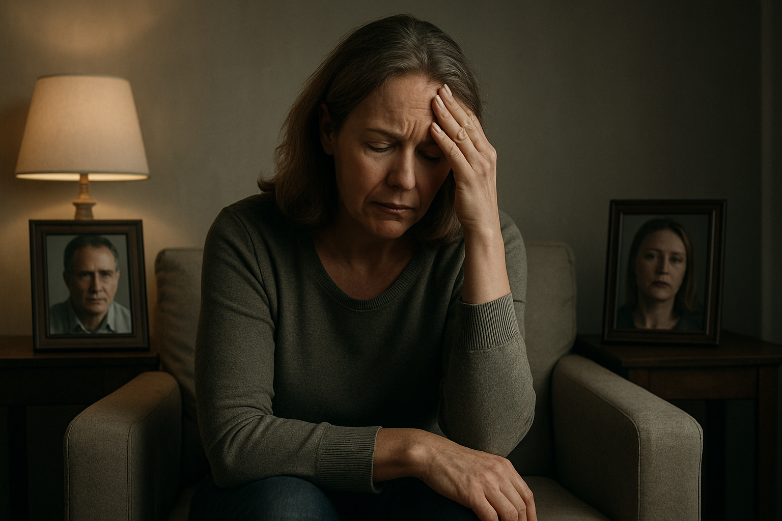 Create a realistic image of a middle-aged white woman sitting alone on a couch looking thoughtful and concerned, with her hand on her forehead in a contemplative pose, surrounded by family photos on side tables showing strained or distant expressions, in a softly lit living room with muted colors and shadows suggesting emotional complexity, conveying a mood of introspection and recognition of relationship difficulties, absolutely NO text should be in the scene.