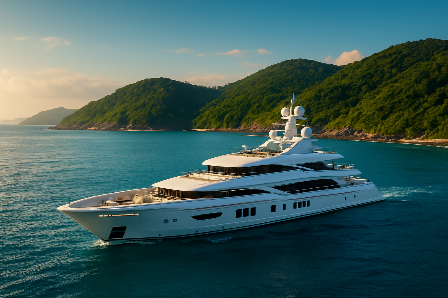 realistic image of a sleek, ultra-luxury white yacht sailing along a stunning Indian coastline, with iconic coastal scenery such as lush green hills, clear turquoise waters, and a vibrant blue sky in the background, the yacht featuring multiple decks, modern design, and visible amenities like a sun deck and lounge area, golden sunlight reflecting off the calm ocean surface creating a sense of opulence and exclusivity, the scene conveying wealth, aspiration, and the emerging luxury lifestyle market in India, with no people visible to keep the focus on the yacht and the breathtaking coastal landscape. Absolutely NO text should be in the scene.