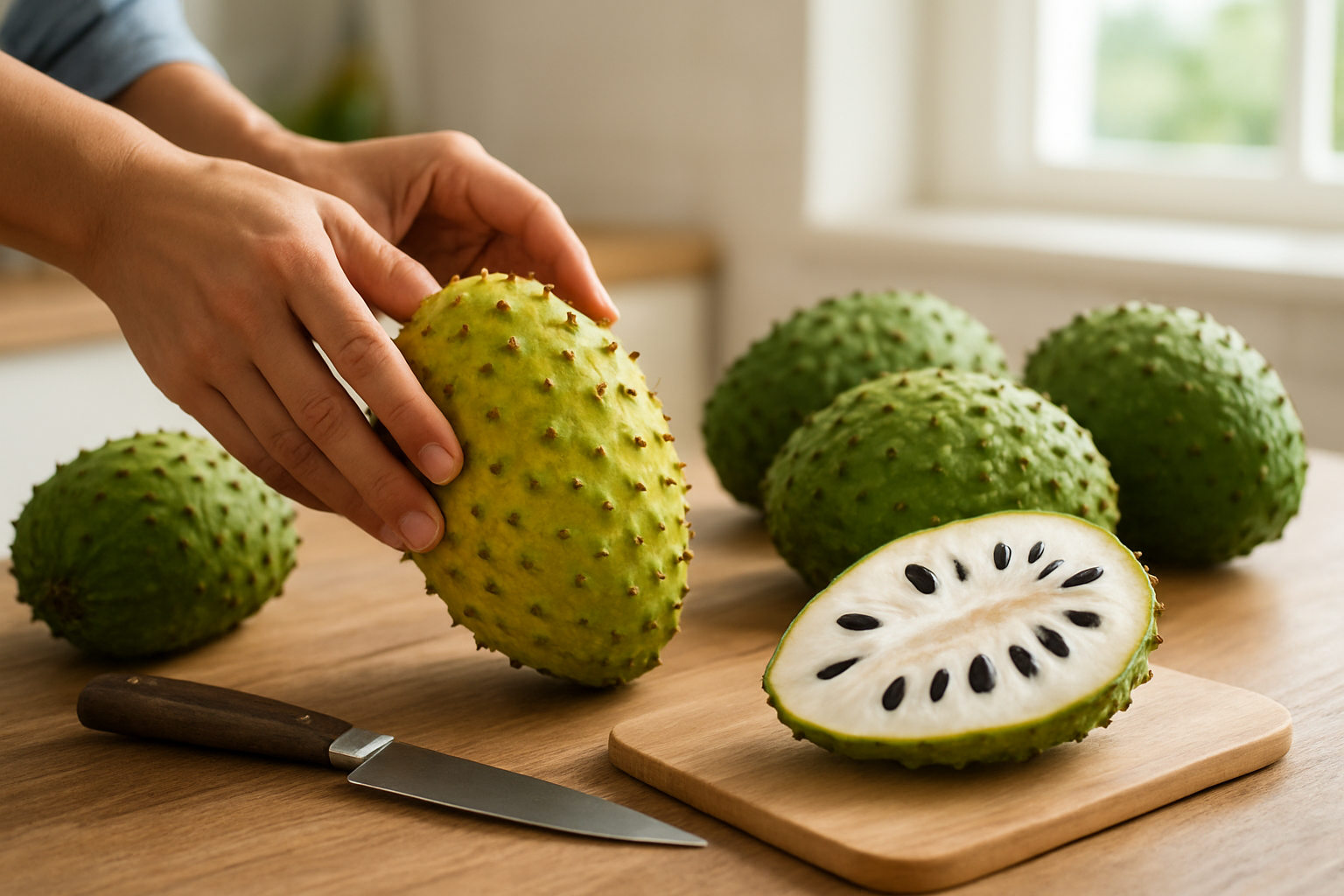 Create a realistic image of hands carefully selecting a ripe soursop fruit from a wooden table display alongside other soursops in various stages of ripeness, with a sharp knife and cutting board nearby showing a halved soursop revealing its white creamy flesh and black seeds, set in a bright kitchen environment with natural lighting streaming through a window, creating an educational and instructional mood about fruit selection and preparation. Absolutely NO text should be in the scene.