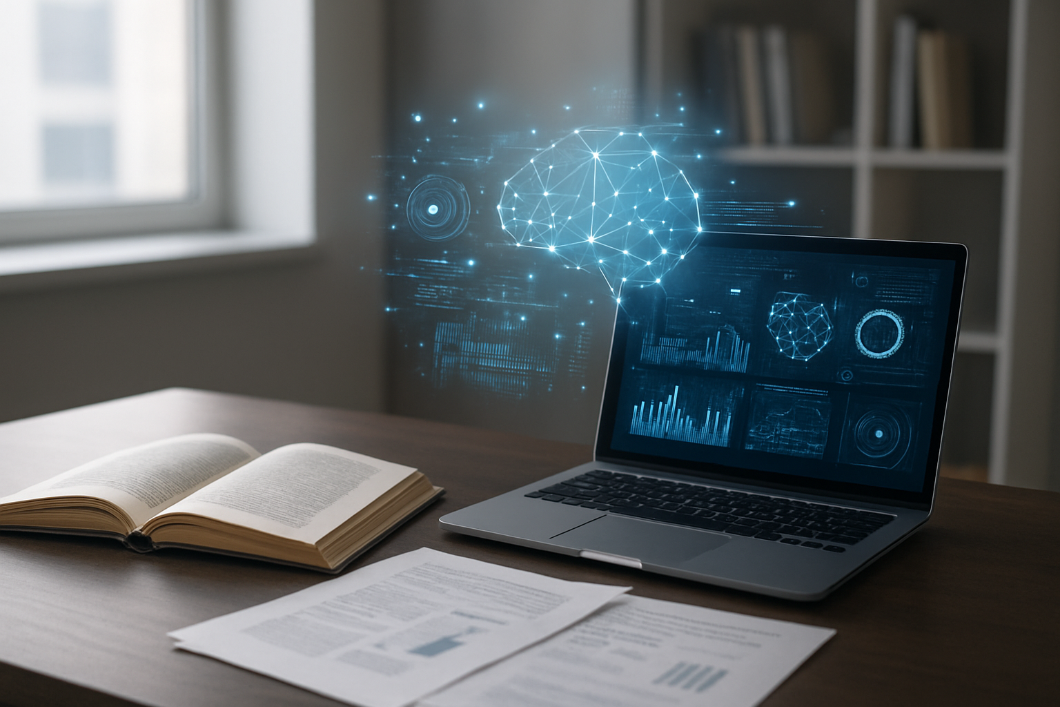 Create a realistic image of a modern research workspace showing the transformation from traditional to AI-powered methods, featuring a sleek desk with both physical research materials like open books and papers on one side, and a modern laptop displaying AI interface elements like neural network visualizations and data analysis dashboards on the other side, with floating holographic elements suggesting AI processing including interconnected nodes and data streams, set in a contemporary office environment with soft natural lighting from a window, clean minimalist background with bookshelves, representing the seamless integration of artificial intelligence into research workflows, absolutely NO text should be in the scene.