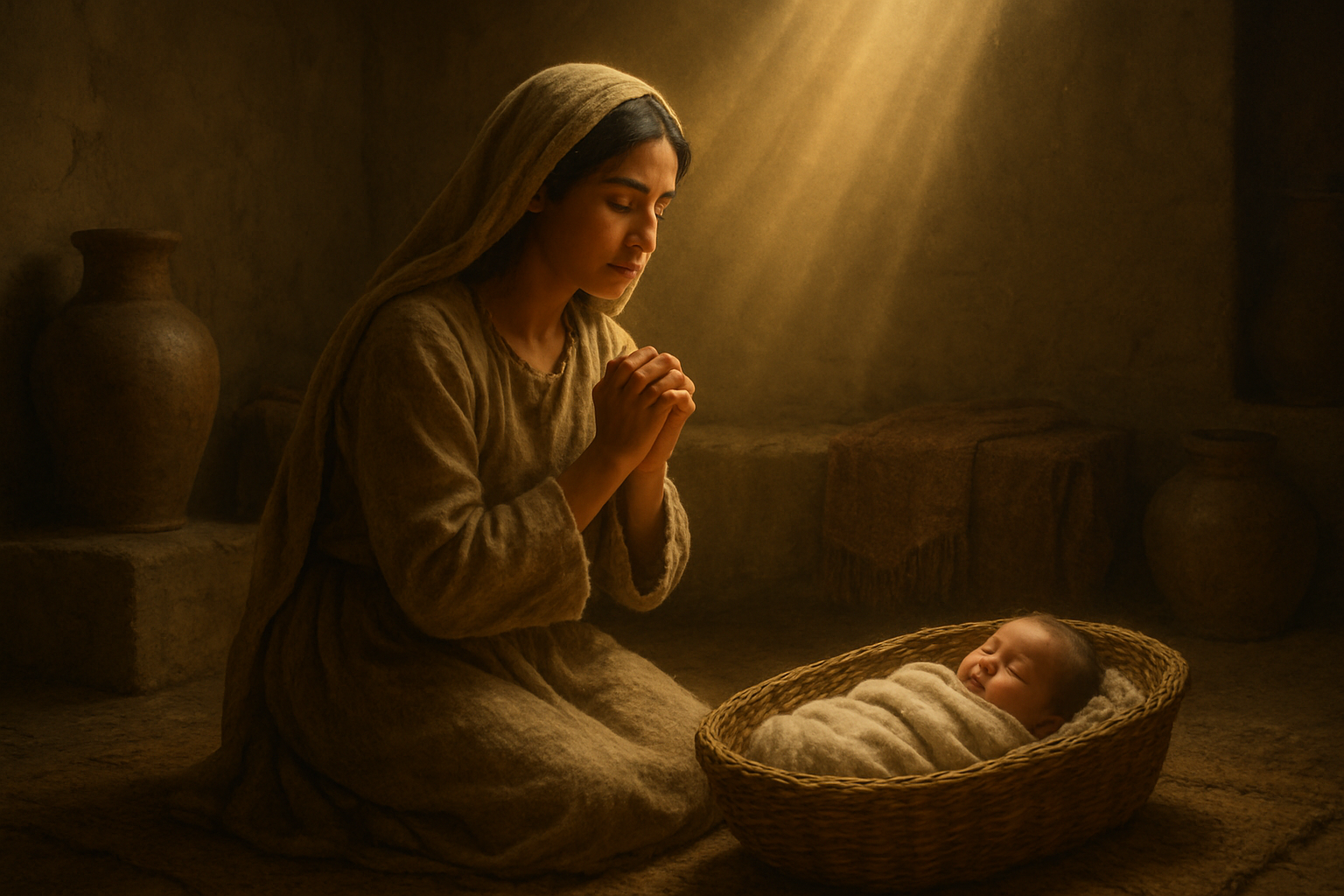 Create a realistic image of a Middle Eastern woman with dark hair wearing modest ancient clothing, kneeling in prayer with her hands clasped and eyes closed, surrounded by soft golden divine light streaming down from above, with her infant baby sleeping peacefully in a woven basket nearby, set in a simple ancient Hebrew home interior with clay pots and woven textiles, conveying a mood of faith, protection, and divine presence through warm, gentle lighting. Absolutely NO text should be in the scene.