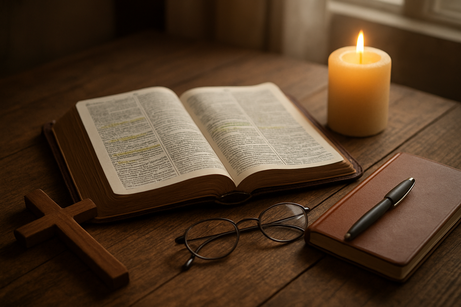Create a realistic image of an open leather-bound Bible with highlighted verses and handwritten notes in the margins, surrounded by a wooden cross, a lit candle with soft warm light, reading glasses, and a journal with a pen resting on top, all arranged on a rustic wooden table surface with soft natural lighting filtering through a window in the background, creating a peaceful and contemplative atmosphere for spiritual study. Absolutely NO text should be in the scene.