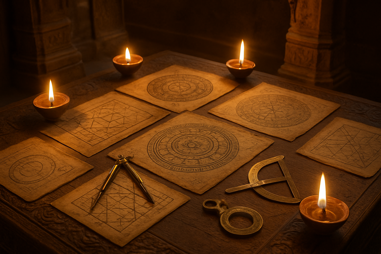 Create a realistic image of an ancient Indian astrology workspace featuring traditional Vedic astrological charts and hora calculations spread on an ornate wooden table, with brass instruments like compass and measuring tools, Sanskrit manuscripts with geometric patterns and celestial diagrams, soft warm candlelight illuminating the scene from clay oil lamps, intricate mandala-style circular charts showing planetary positions, traditional Indian architectural elements like carved pillars in the background, peaceful and mystical atmosphere with golden ambient lighting, absolutely NO text should be in the scene.