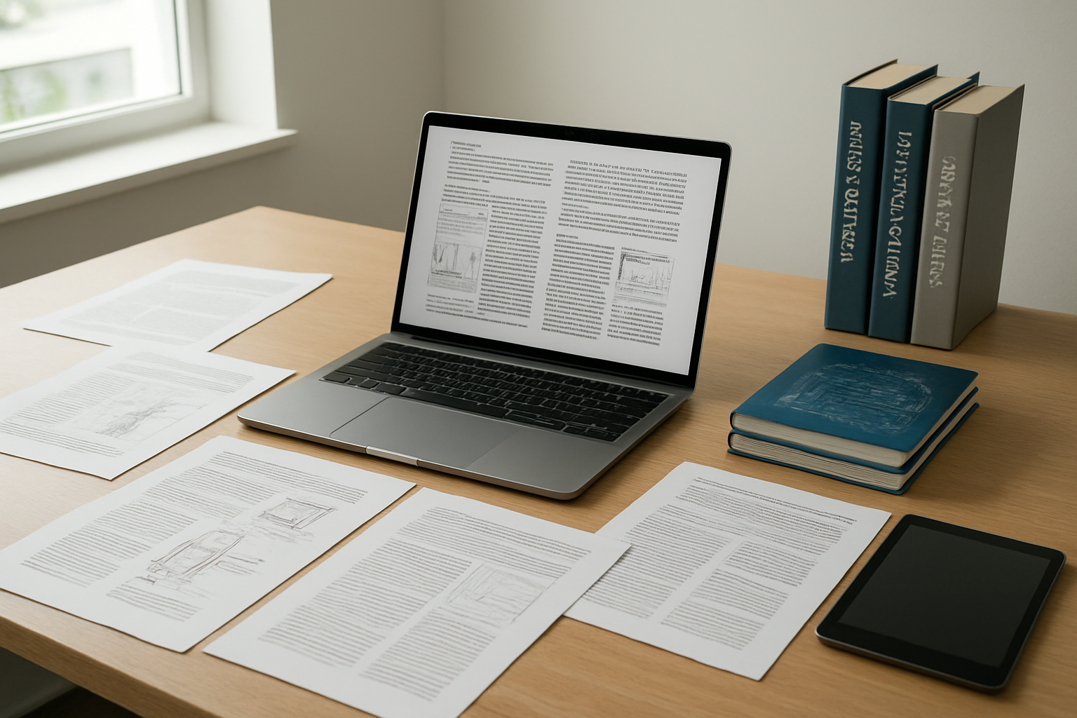 Create a realistic image of a clean, organized desk setup with an open laptop computer displaying technical documents, several printed research papers and technical manuals spread across the surface, a few scientific journals stacked neatly, a tablet device, and reference books about water treatment and industrial equipment, all arranged in a well-lit office environment with natural lighting from a nearby window, creating a professional research atmosphere that suggests comprehensive study materials for water purification systems, absolutely NO text should be in the scene.