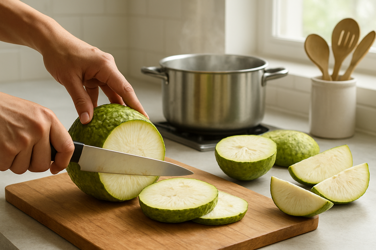 Create a realistic image of hands skillfully cutting a large, round, green breadfruit on a wooden cutting board with a sharp knife, showing the creamy white flesh inside, surrounded by cooking preparation elements including a pot of boiling water, kitchen utensils, and other halved breadfruit pieces displaying different cutting techniques, set in a bright, clean kitchen environment with natural lighting streaming from a window, emphasizing the simple cooking preparation process. Absolutely NO text should be in the scene.