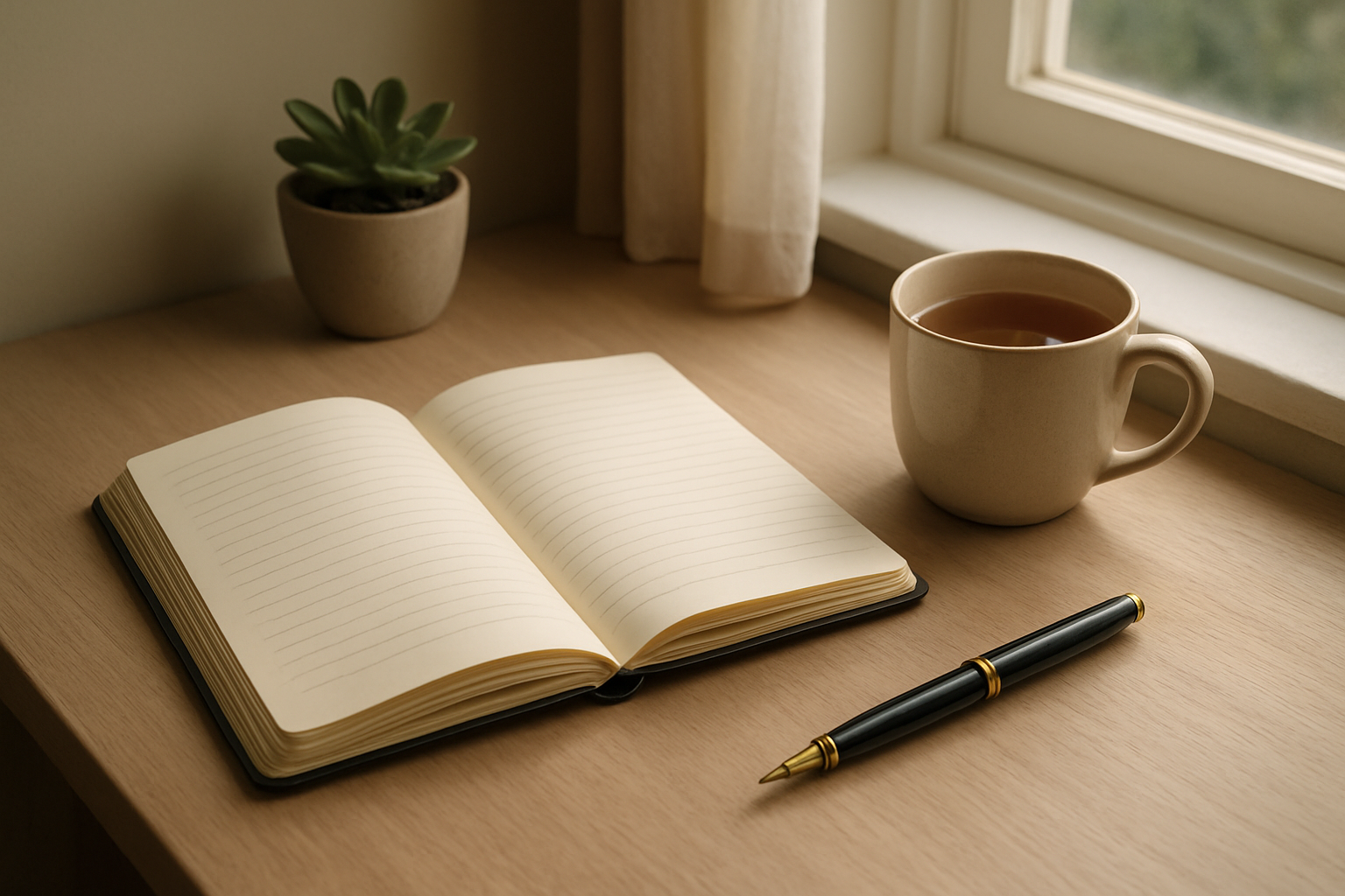 Create a realistic image of a serene workspace scene with an open journal or notebook in the center, a elegant pen resting beside it, surrounded by soft natural lighting from a nearby window, with subtle elements like a small potted plant, a warm cup of tea, and gentle shadows creating a peaceful, contemplative atmosphere that conveys reflection and intentional planning, shot from a slightly elevated angle to show the clean, organized desk surface. Absolutely NO text should be in the scene.
