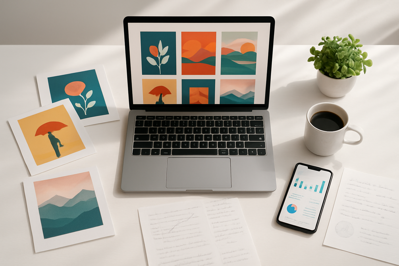 Create a realistic image of a modern workspace desk from above showing an open laptop displaying colorful book cover designs on the screen, surrounded by printed book covers, a smartphone showing analytics charts, scattered research notes, a coffee cup, and a potted plant, all arranged on a clean white desk surface with soft natural lighting from a window creating gentle shadows, conveying a sense of productivity and success in the publishing industry. Absolutely NO text should be in the scene.