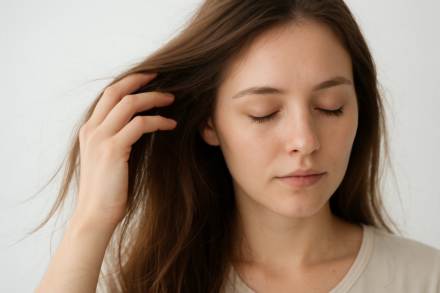 Create a realistic image of a white female gently running her fingers through her long brown hair with several individual hair strands naturally falling and floating in mid-air around her, captured in soft natural lighting against a clean white background, showing the normal process of daily hair shedding with loose strands visible on her shoulders and in the air, peaceful and calm mood, close-up view focusing on the hair and hand movement, absolutely NO text should be in the scene.