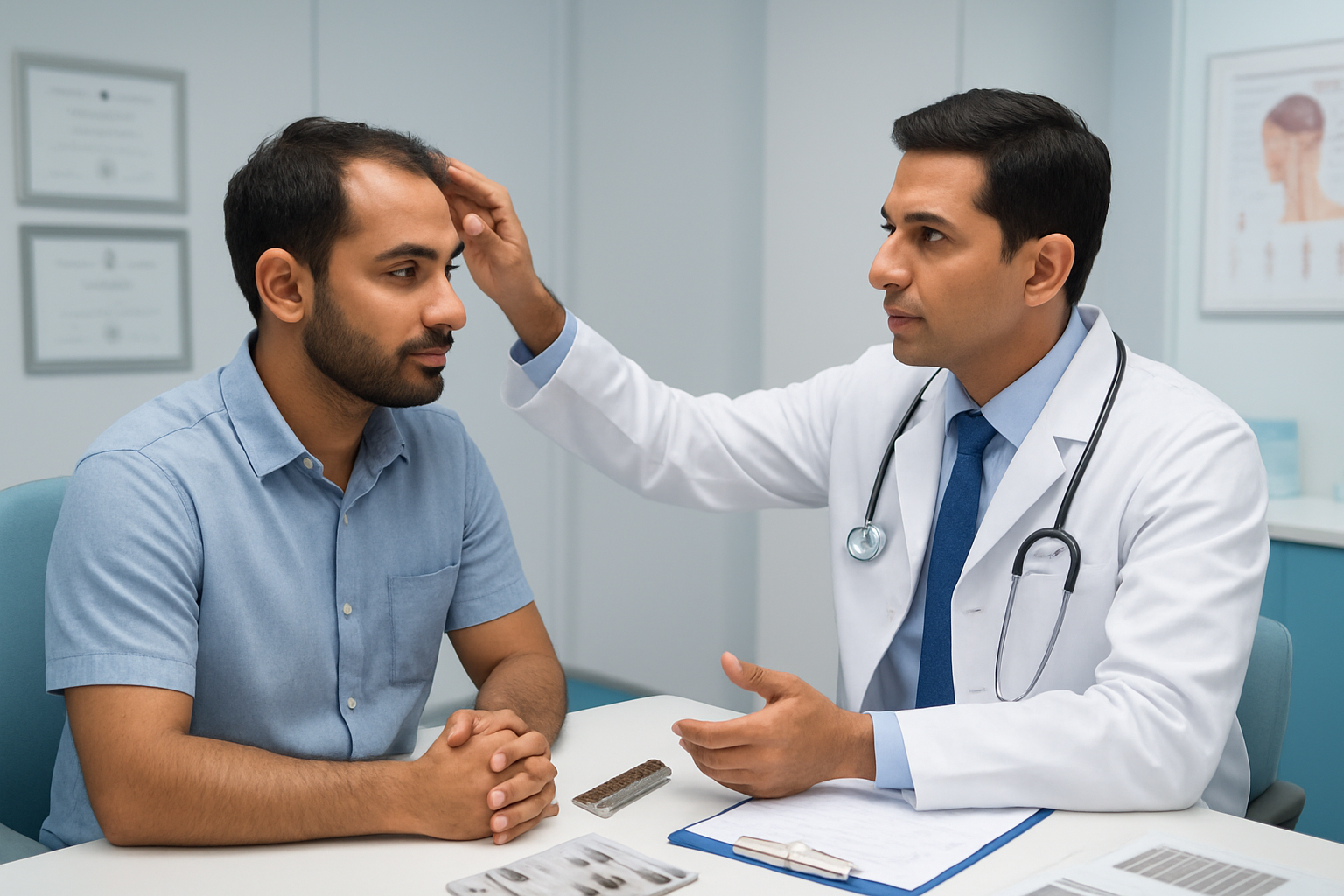 Create a realistic image of a South Asian male patient sitting in a modern medical consultation room in Bangalore, discussing hair transplant procedure with a professional doctor, medical charts and hair analysis tools visible on a clean desk, bright clinical lighting, sterile white and blue color scheme, patient appearing calm and attentive while receiving pre-surgery instructions, medical certificates on walls, contemporary medical facility interior with comfortable seating, absolutely NO text should be in the scene.