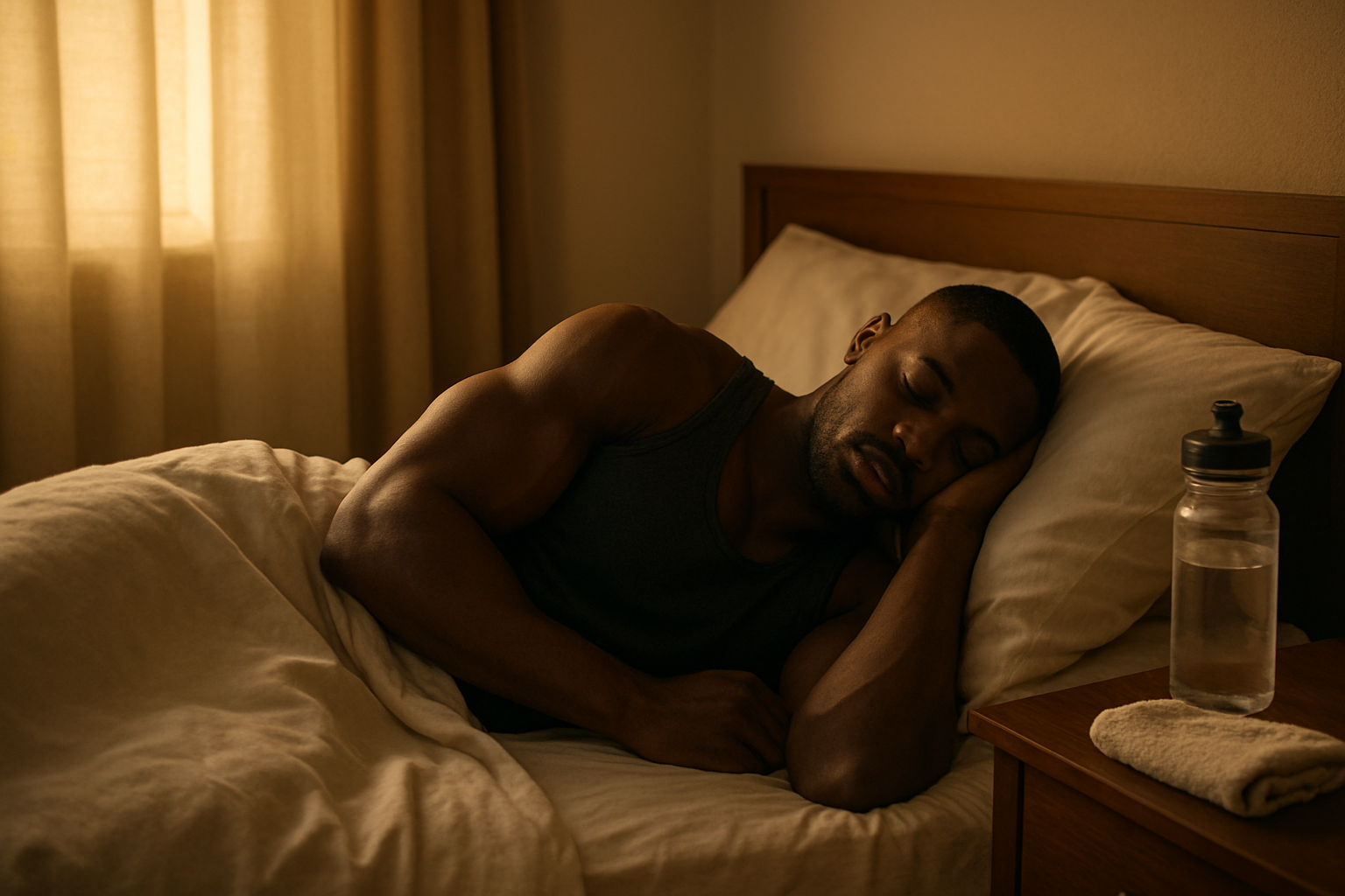 Create a realistic image of a peaceful bedroom scene with a muscular black male athlete sleeping soundly on a comfortable bed, wearing a tank top, with dim warm lighting filtering through curtains, a water bottle and towel on the nightstand, creating a serene recovery atmosphere that emphasizes rest and muscle recovery, with soft shadows and a calm mood. Absolutely NO text should be in the scene.