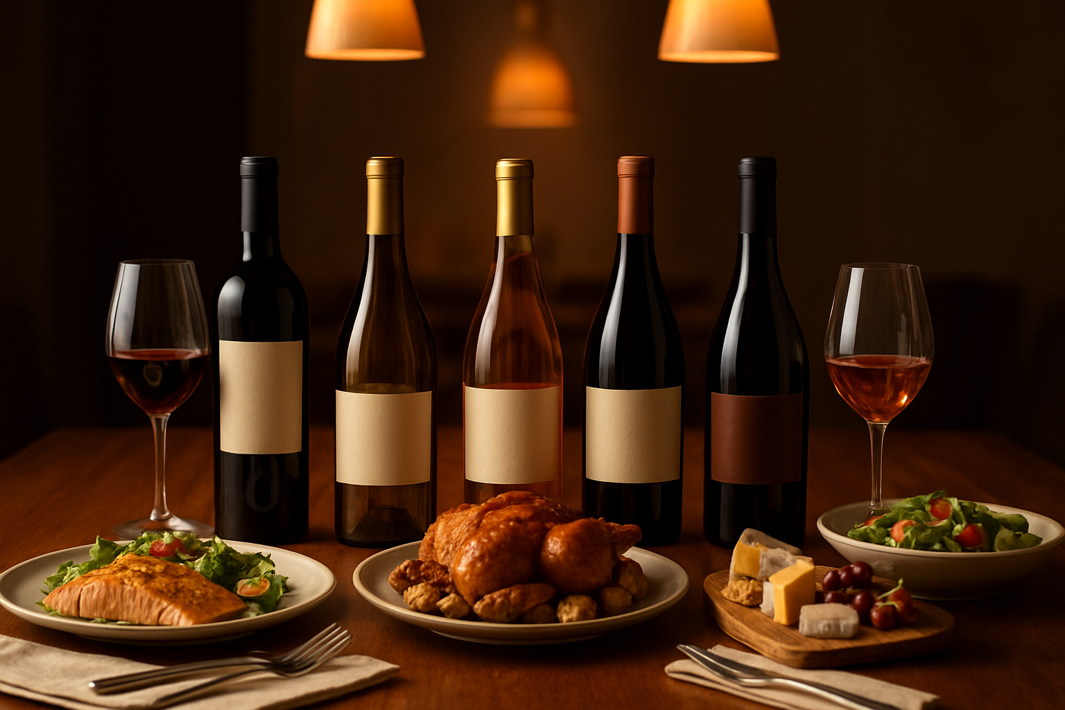 Create a realistic image of an elegant dining table setup with multiple wine bottles of different varieties (red, white, rosé) arranged alongside gourmet food dishes including grilled salmon, roasted chicken, cheese platter, and fresh salads, with wine glasses positioned next to corresponding dishes to show pairing suggestions, warm ambient lighting from overhead pendant lights, rich wooden table surface, fine dining atmosphere with cloth napkins and silverware, focused composition showing the relationship between wines and food items, absolutely NO text should be in the scene.