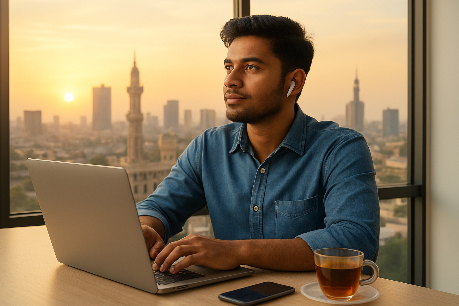 Create a realistic image of a young South Asian male freelancer sitting at a modern desk with a laptop, looking confidently toward the future, with a bright cityscape of Karachi or Lahore visible through a large window behind him, golden hour lighting creating an optimistic and hopeful atmosphere, with wireless earbuds, a smartphone, and a cup of tea on the desk, symbolizing the bright future of freelancing in Pakistan, absolutely NO text should be in the scene.