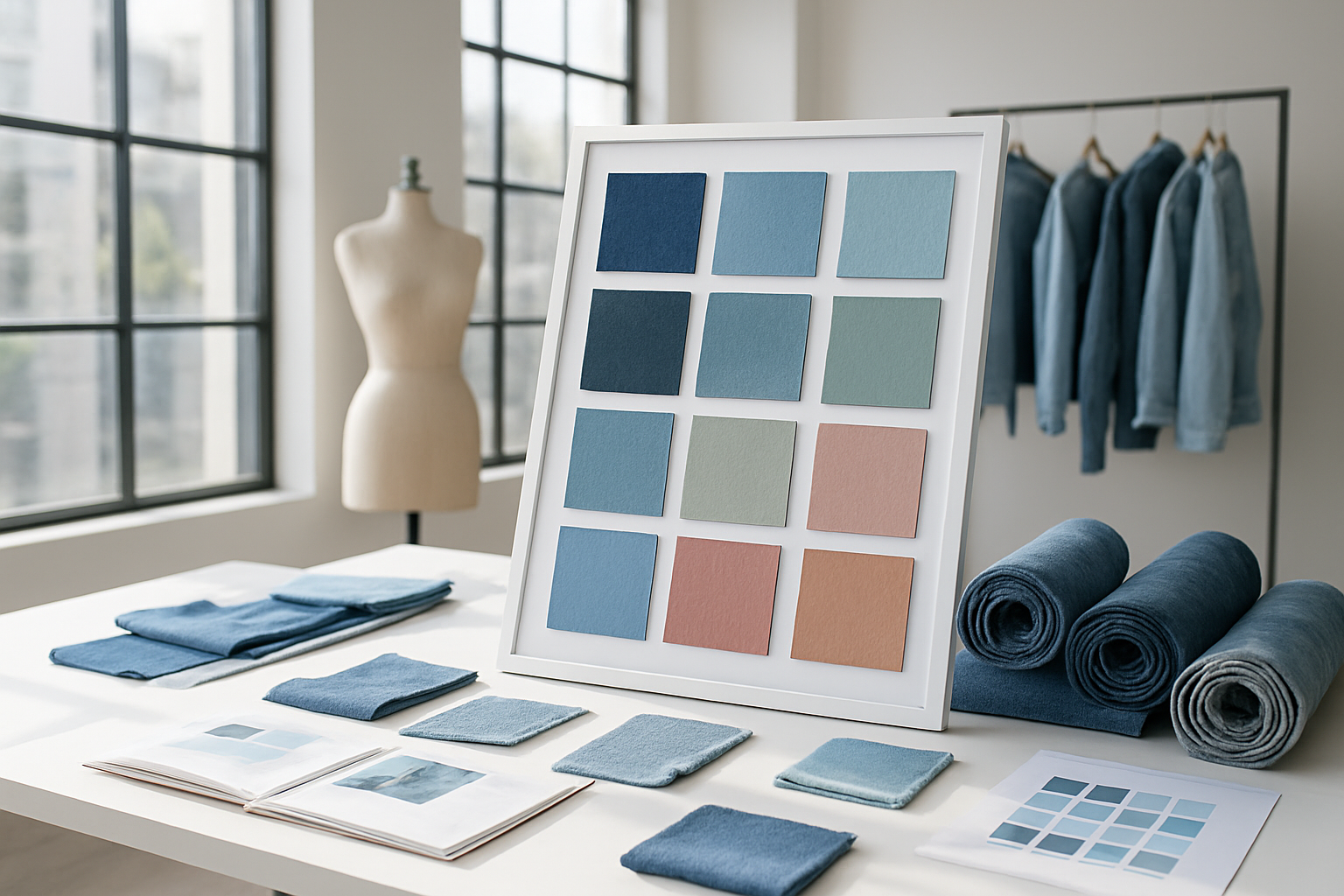 Create a realistic image of a sleek fashion design studio with a color palette board displaying trending denim wash colors for 2026, featuring fabric swatches in various blue tones from deep indigo to light bleached washes, sage green, dusty rose, and warm earth tones, arranged on a modern white desk with natural lighting streaming through large windows, complemented by rolled denim fabric samples and color trend forecasting materials scattered around the workspace, shot in bright daylight with a clean, professional aesthetic, absolutely NO text should be in the scene.