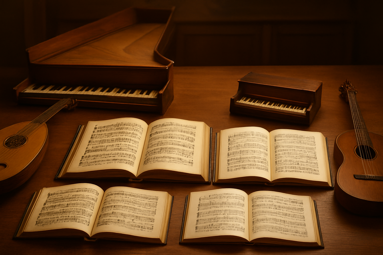 Create a realistic image of a timeline visualization showing the evolution of Christmas carols through different historical periods, featuring medieval manuscripts with musical notation, Victorian-era sheet music, ancient church hymnals, and modern songbooks arranged chronologically from left to right, with vintage musical instruments like lutes, harpsichords, and early pianos scattered throughout, set against a warm wooden library table with soft golden lighting casting gentle shadows, creating a scholarly and nostalgic atmosphere that represents the historical progression of Christmas music traditions, absolutely NO text should be in the scene.