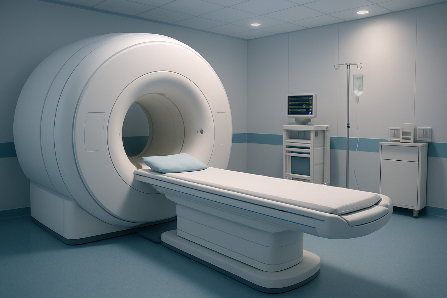 Create a realistic image of a modern medical MRI room with a large white MRI machine in the center, a comfortable examination table positioned in front of the machine's circular opening, soft ambient lighting creating a calm atmosphere, clean white and blue medical environment with monitoring equipment visible in the background, and a small IV stand with contrast solution bag nearby, showing a peaceful healthcare setting prepared for a spinal MRI procedure, absolutely NO text should be in the scene.