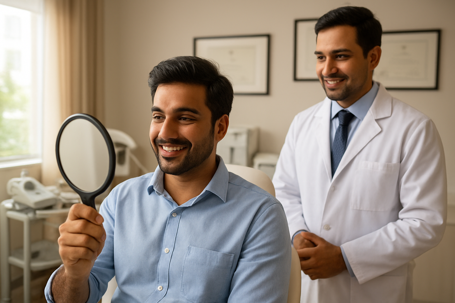 Create a realistic image of a confident South Asian male in his early 30s with healthy, natural-looking hair growth sitting in a modern, well-lit medical consultation room in Bangalore, showing a satisfied expression while looking at his reflection in a handheld mirror, with a professional hair transplant specialist in a white coat standing nearby, modern medical equipment and certificates on the walls in the background, warm natural lighting streaming through large windows, creating an atmosphere of successful treatment completion and patient satisfaction, absolutely NO text should be in the scene.