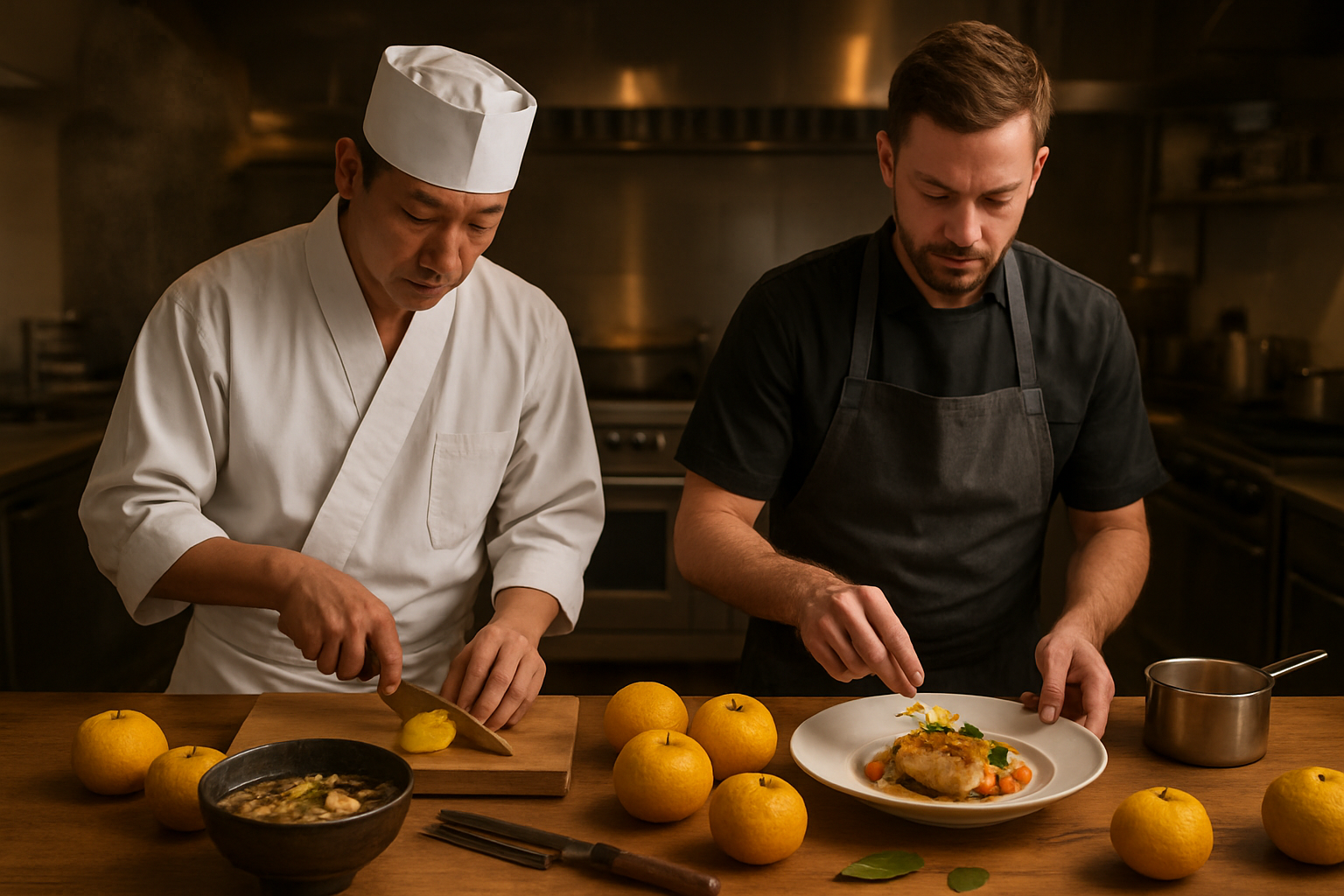 Create a realistic image of a traditional Japanese chef and a modern Western chef working side by side in a contemporary kitchen, both preparing different yuzu-based dishes, with fresh whole yuzu fruits scattered on the wooden counter, traditional Japanese knives and modern culinary tools displayed, steaming bowls of traditional soup and elegant plated modern fusion dishes featuring yuzu garnish, warm ambient lighting highlighting the golden yuzu citrus fruits, professional kitchen background with both traditional and modern cooking equipment visible, absolutely NO text should be in the scene.