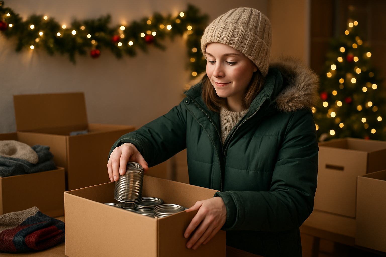 Create a realistic image of a white female volunteer wearing a warm winter coat and knit hat, carefully placing canned goods into a donation box at a community center, with Christmas decorations visible in the background including garland and warm golden lighting, conveying a sense of warmth and generosity during the holiday season, with other donation boxes and winter clothing items nearby, absolutely NO text should be in the scene.