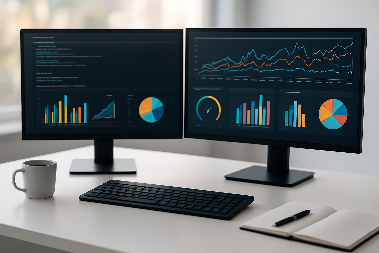 Create a realistic image of a modern office desk setup showing performance comparison visualization with two computer monitors displaying different analytics dashboards, one showing Python code execution with slower processing indicators and another showing real-time data streams with faster performance metrics, multiple colorful data visualization charts and graphs visible on screens, sleek black monitors, wireless keyboard and mouse, coffee cup, notepad with pen, clean white desk surface, bright natural lighting from window, professional tech workspace atmosphere, bokeh effect in background, absolutely NO text should be in the scene.
