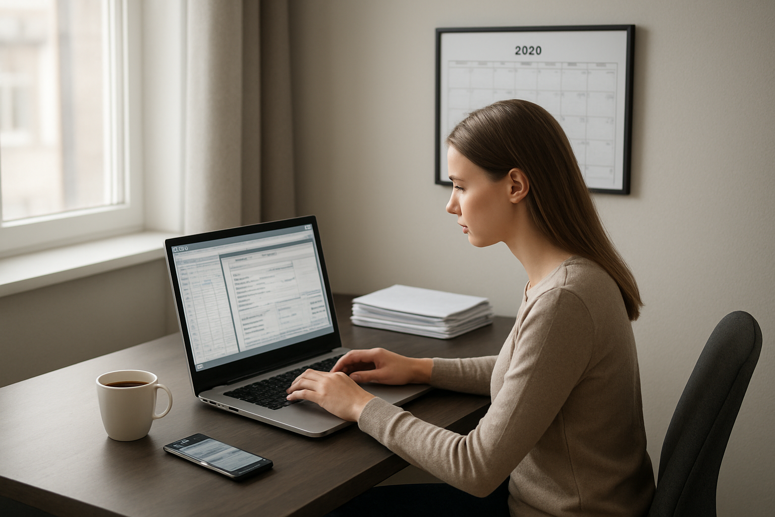 Create a realistic image of a modern home office setup with a young white female sitting at a sleek desk working on a laptop computer, with multiple browser windows open showing data entry forms and spreadsheets, a smartphone displaying work notifications nearby, a cup of coffee, neat stacks of papers, and a wall calendar showing 2026 in the background, soft natural lighting from a window creating a productive and organized atmosphere, absolutely NO text should be in the scene.