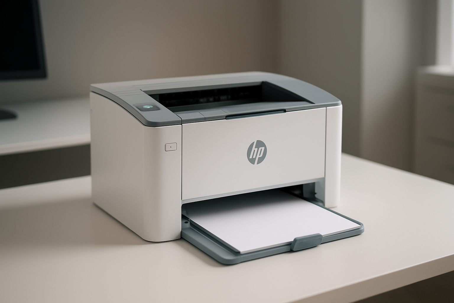 Create a realistic image of an HP LaserJet Pro M108w printer positioned on a clean white desk in a modern office environment, showing the compact=