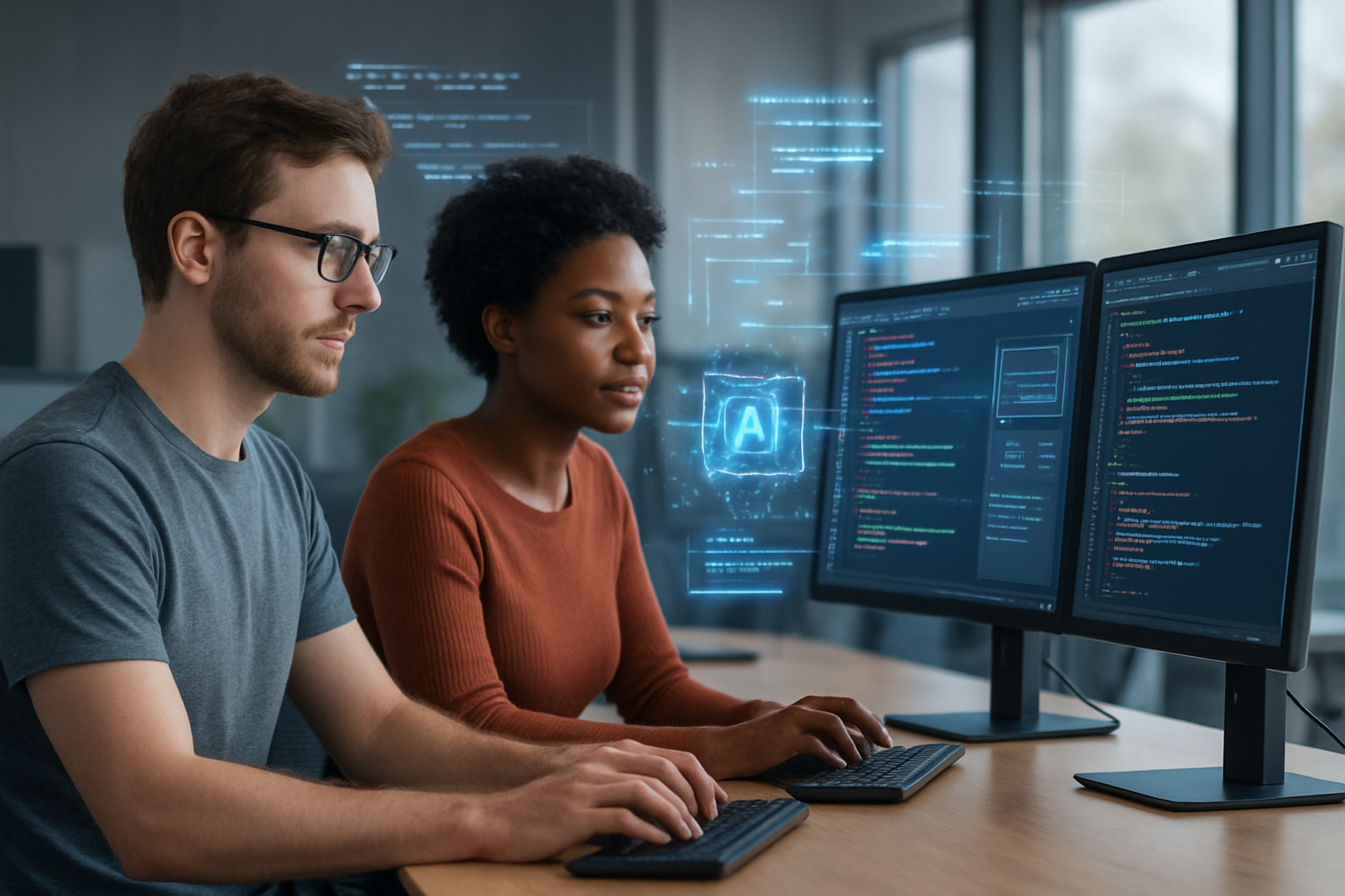 Create a realistic image of a modern software development workspace featuring a diverse team of developers including a white male and black female programmer working collaboratively at dual-monitor workstations displaying colorful code interfaces and AI-assisted development tools, with floating holographic elements representing AI algorithms and code suggestions around them, set in a sleek contemporary office environment with soft natural lighting from large windows, conveying innovation and the fusion of human creativity with artificial intelligence in programming, absolutely NO text should be in the scene.