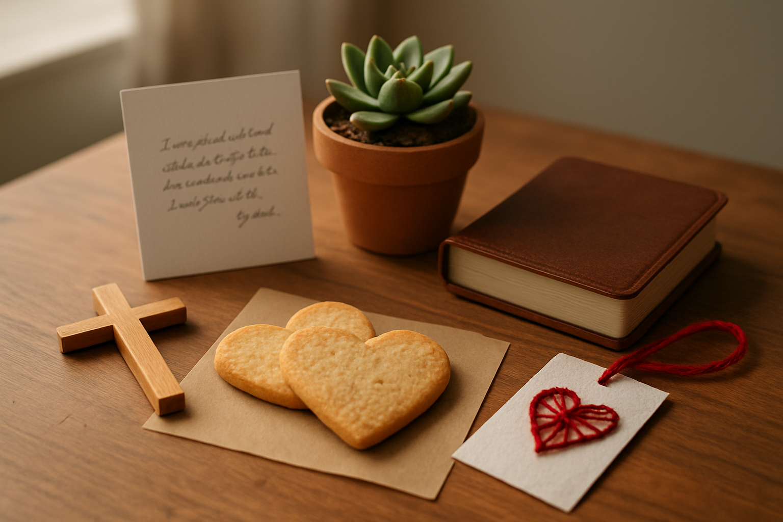 Create a realistic image of an assortment of affordable Valentine's gifts with Christian themes arranged on a wooden table, including a small wooden cross, a handwritten scripture card, homemade heart-shaped cookies, a simple potted succulent plant, a pocket-sized devotional book, and a handcrafted bookmark, all displayed with soft natural lighting from a nearby window creating a warm and thoughtful atmosphere, absolutely NO text should be in the scene.