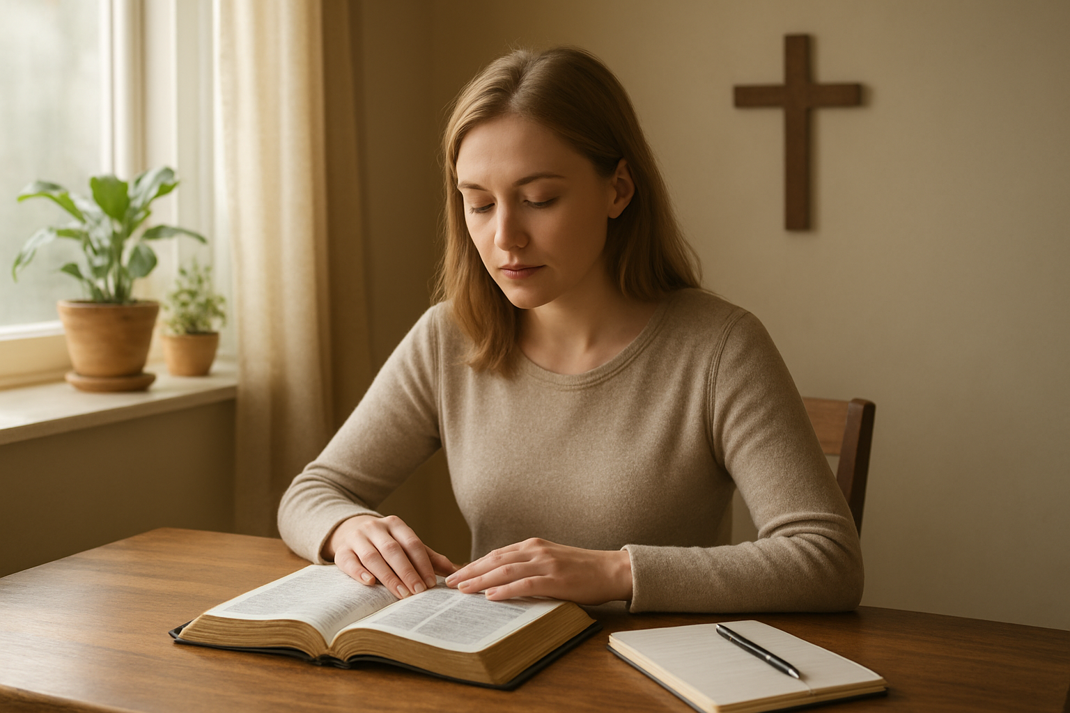 Create a realistic image of a peaceful indoor scene with a white female sitting at a wooden table reading an open Bible, with a journal and pen nearby, soft natural lighting streaming through a window, potted plants on the windowsill, a cross on the wall in the background, warm and serene atmosphere suggesting spiritual growth and reflection, absolutely NO text should be in the scene.