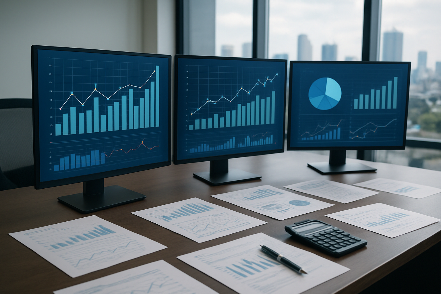 Create a realistic image of a modern office setting with economic data visualization elements including digital charts and graphs displaying real estate market trends on multiple computer monitors, scattered financial documents and reports on a sleek desk, a calculator and pen nearby, city skyline visible through large windows in the background suggesting urban rental markets, professional business atmosphere with soft natural lighting from the windows, clean and organized workspace environment. Absolutely NO text should be in the scene.