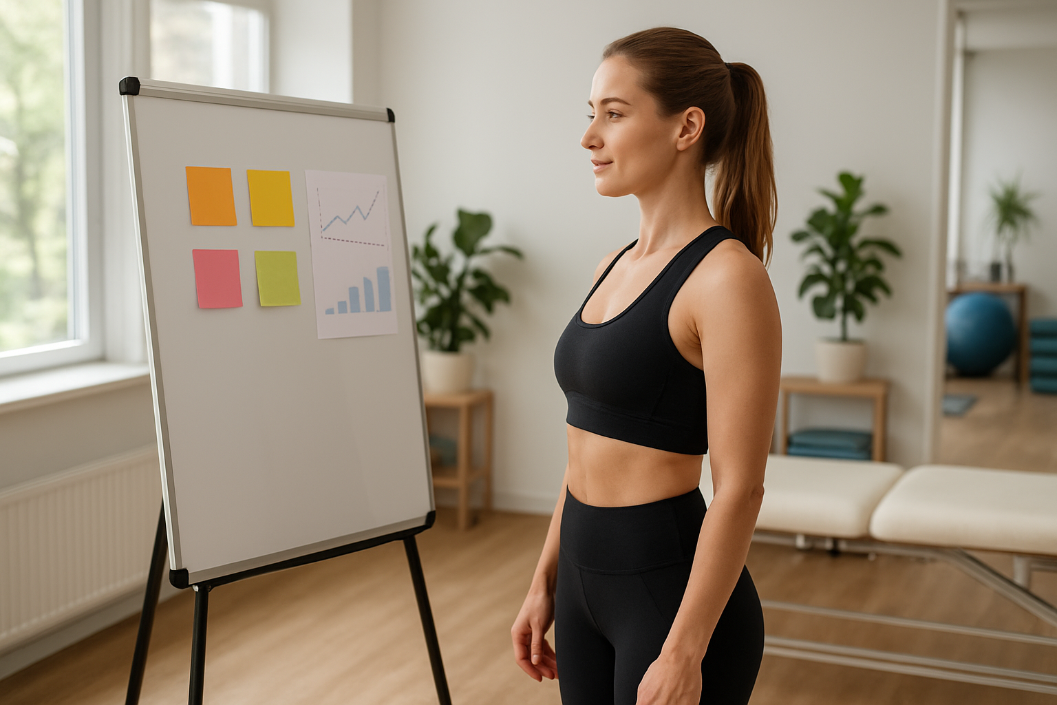 Create a realistic image of a white female fitness instructor in athletic wear standing beside a whiteboard with colorful sticky notes and goal-setting charts, demonstrating proper upright posture with shoulders back and spine aligned, in a bright modern wellness clinic or physical therapy office with natural lighting from large windows, plants in the background, and exercise equipment visible, conveying a professional and motivational atmosphere for health goal achievement, absolutely NO text should be in the scene.