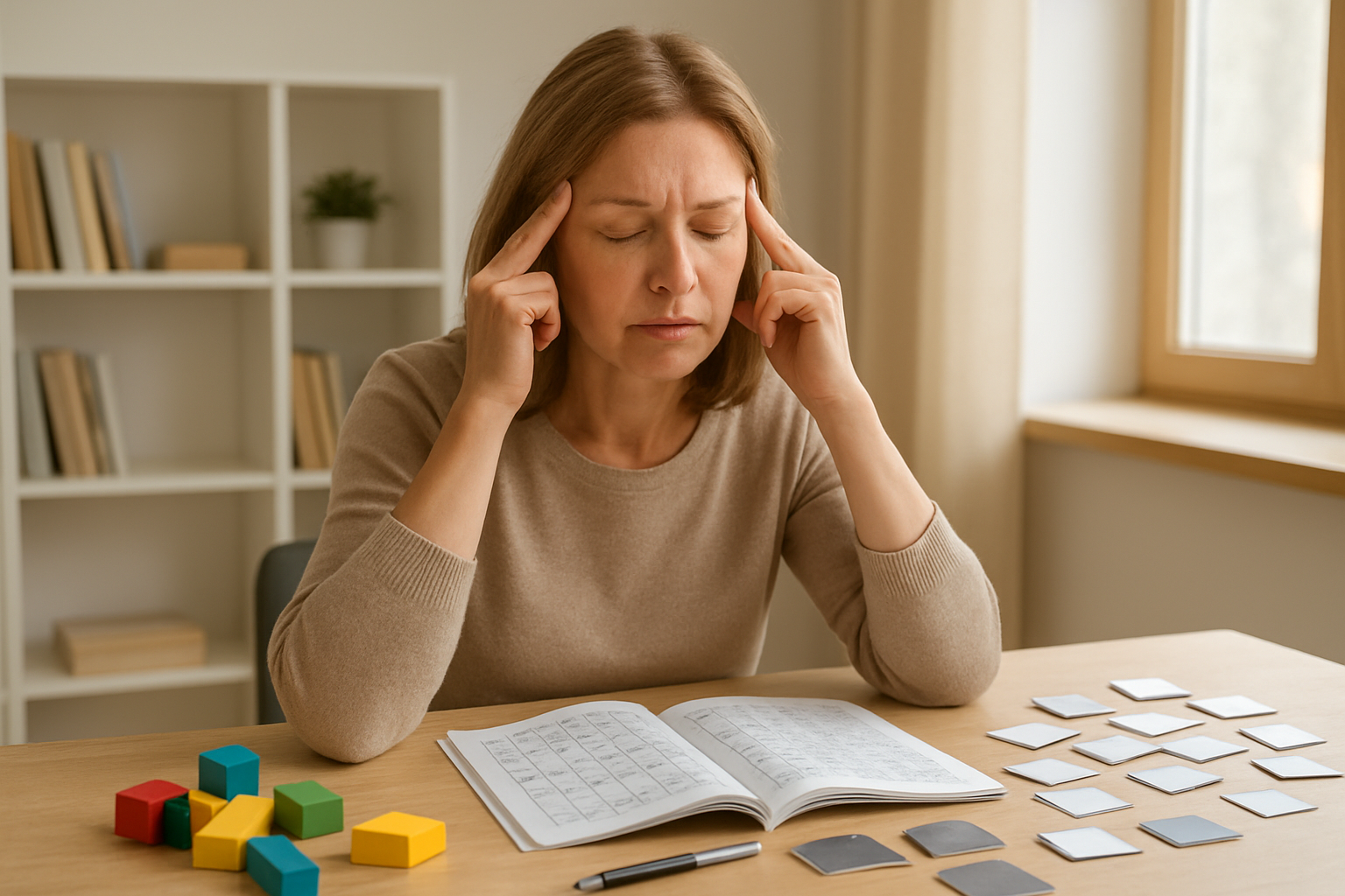 Create a realistic image of a focused middle-aged white female sitting at a clean wooden desk in a bright, modern study room, engaged in concentration exercises with her eyes closed and fingers pressed gently to her temples, surrounded by brain training materials like puzzle books, colorful building blocks, and memory cards scattered on the desk, with warm natural lighting streaming through a window creating a calm and peaceful atmosphere for mental training, shot from a slight angle to show both her concentrated expression and the learning materials. Absolutely NO text should be in the scene.